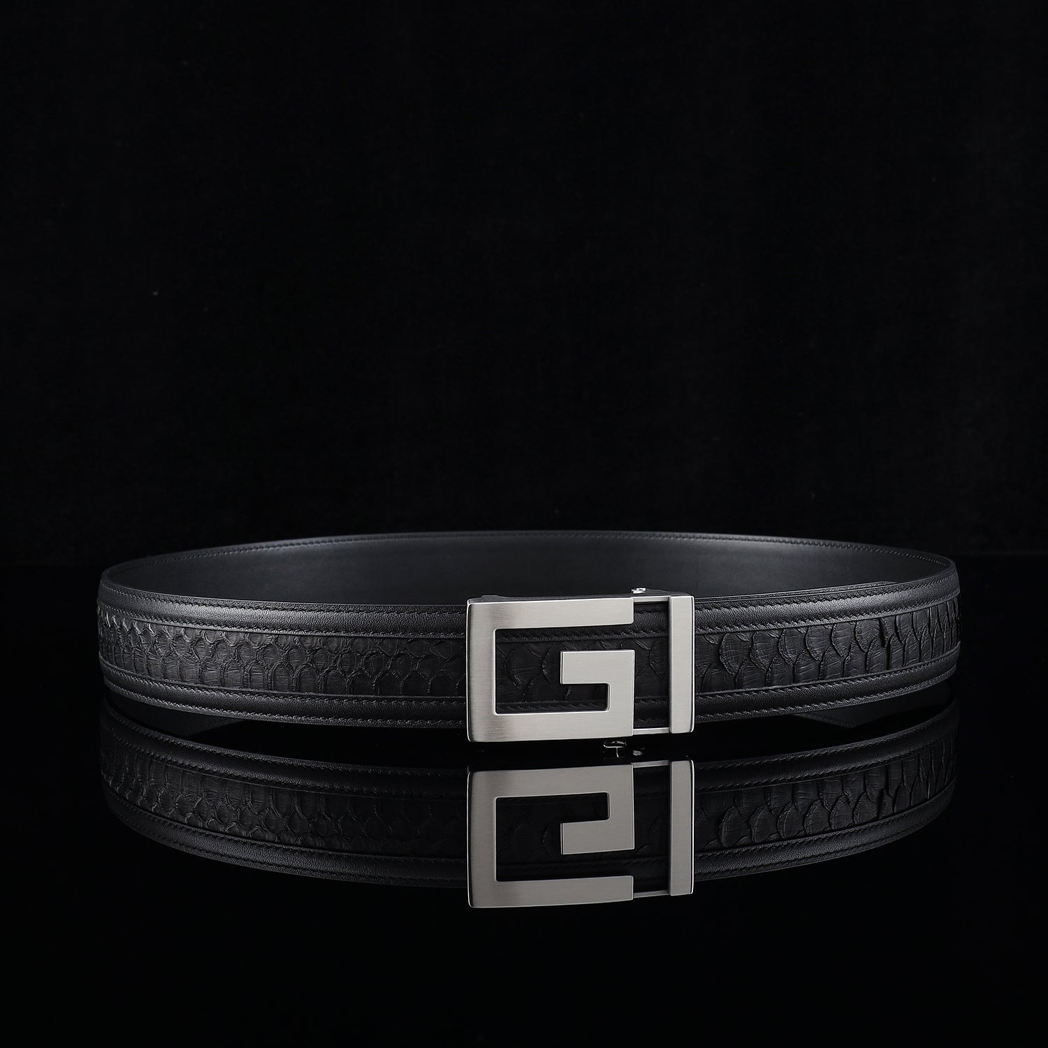 Black Python Leather Belt with Ratchet Buckle-1.5 Inches