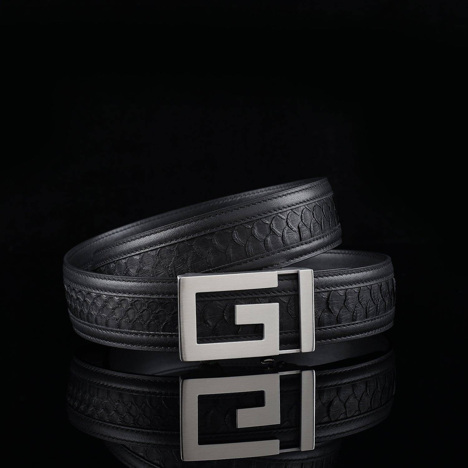 Black Python Leather Belt with Ratchet Buckle-1.5 Inches