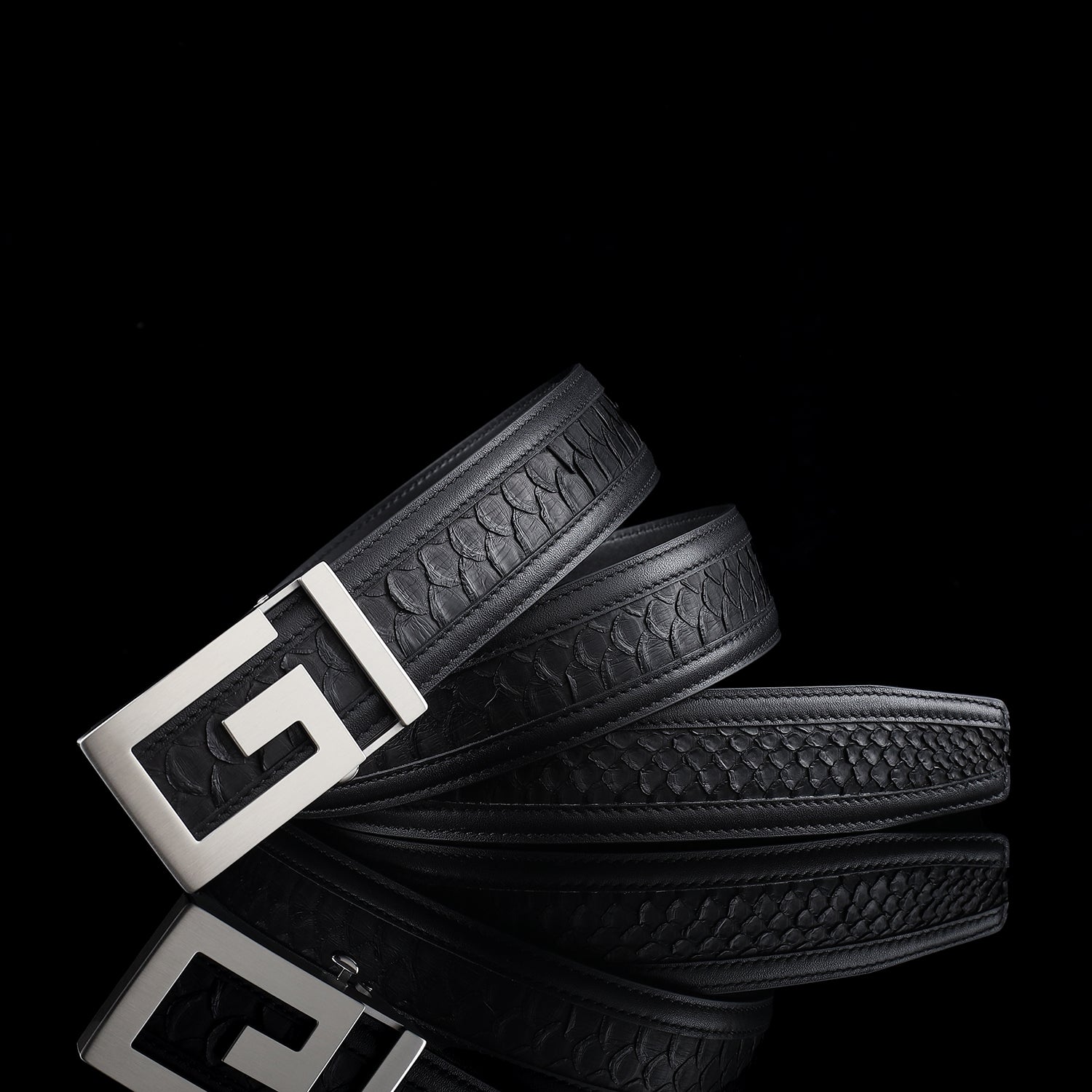 Black Python Leather Belt with Ratchet Buckle-1.5 Inches