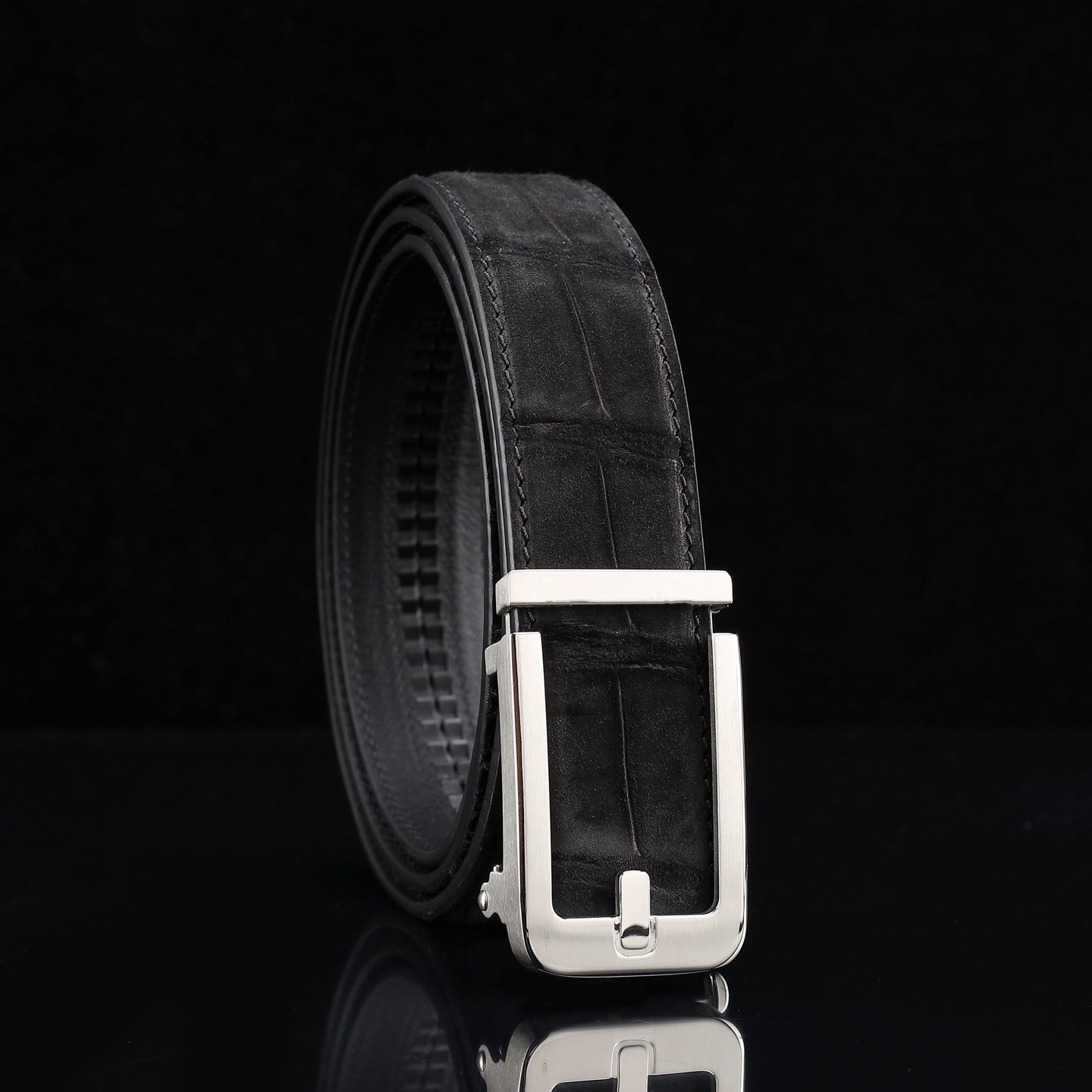 BELTLEY Black Sueded Crocodile Leather Ratchet Belt — 1.5" (38mm)