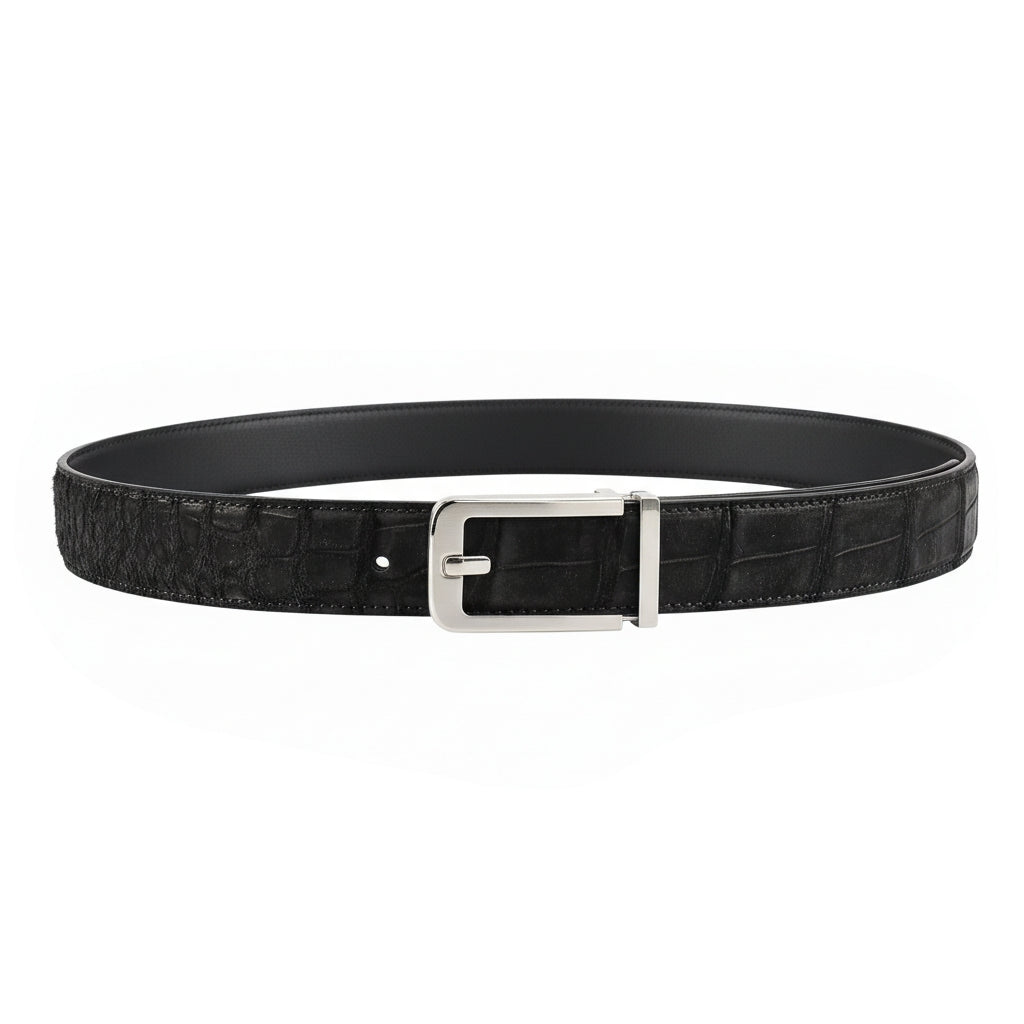 BELTLEY Black Sueded Crocodile Leather Ratchet Belt — 1.5" (38mm)