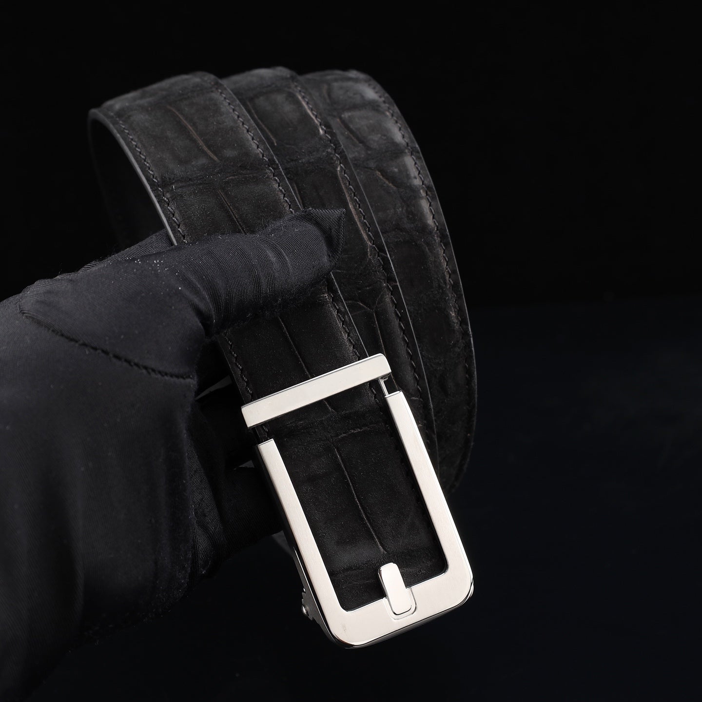 BELTLEY Black Sueded Crocodile Leather Ratchet Belt — 1.5" (38mm)