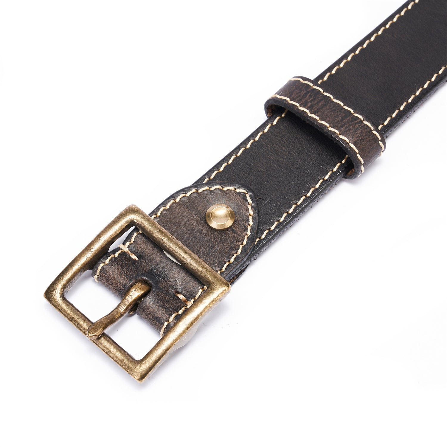 Black Vintage Brass Buckle Belt – 100% Full-Grain Leather with White Topstitching