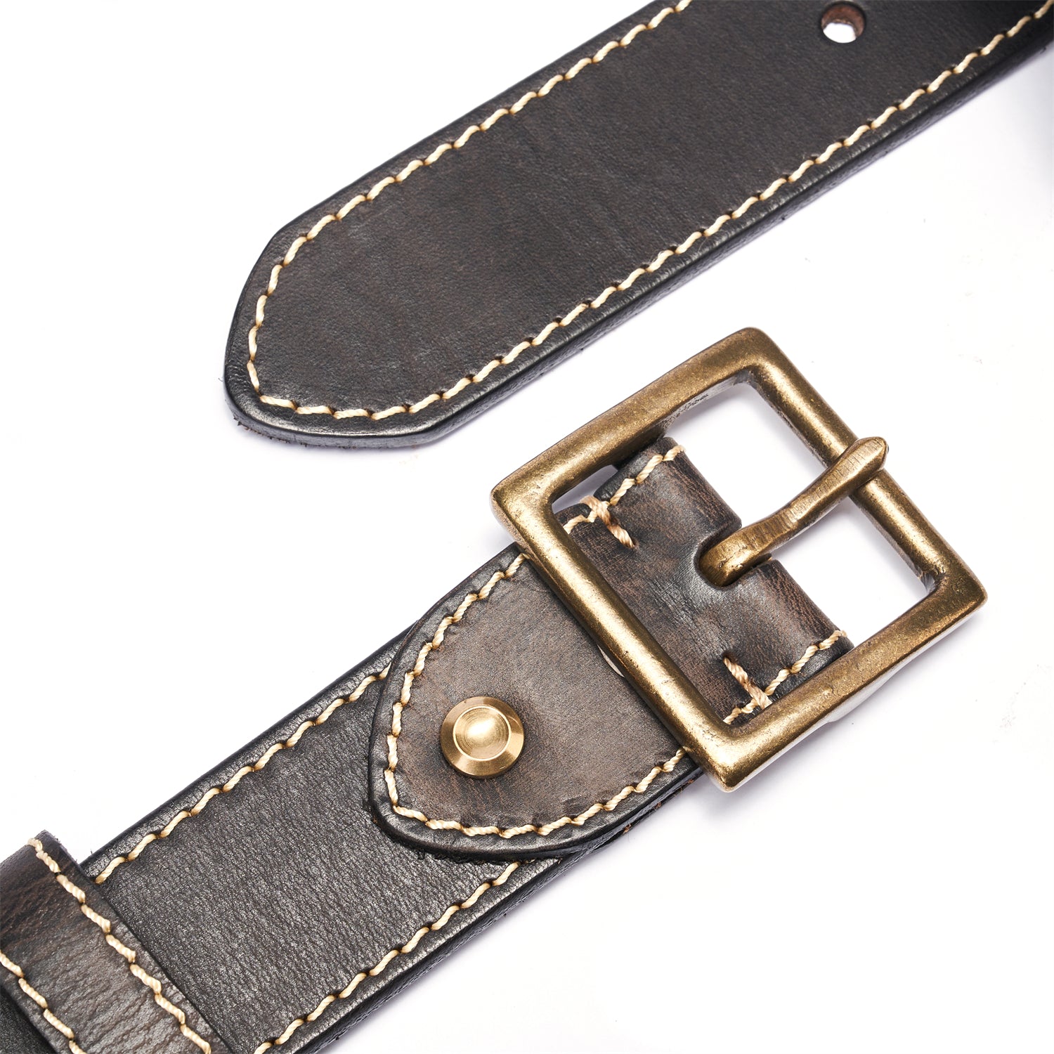 Black Vintage Brass Buckle Belt – 100% Full-Grain Leather with White Topstitching