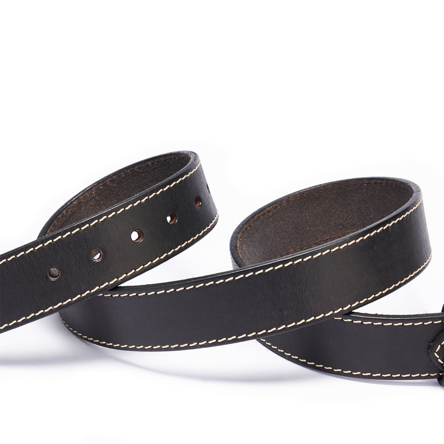 Black Vintage Brass Buckle Belt – 100% Full-Grain Leather with White Topstitching