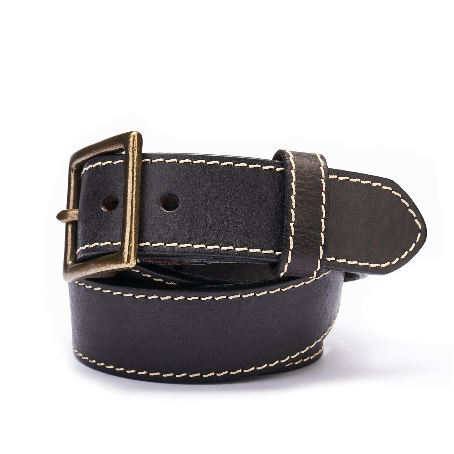 Black Vintage Brass Buckle Belt – 100% Full-Grain Leather with White Topstitching