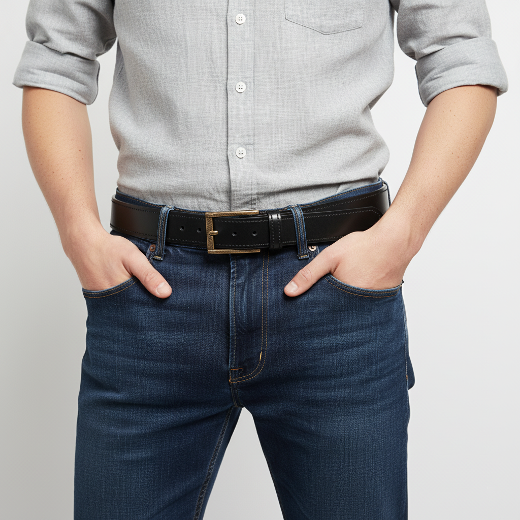 Black Double Layer Full-Grain Leather Belt for Men (Vintage Brass Buckle)