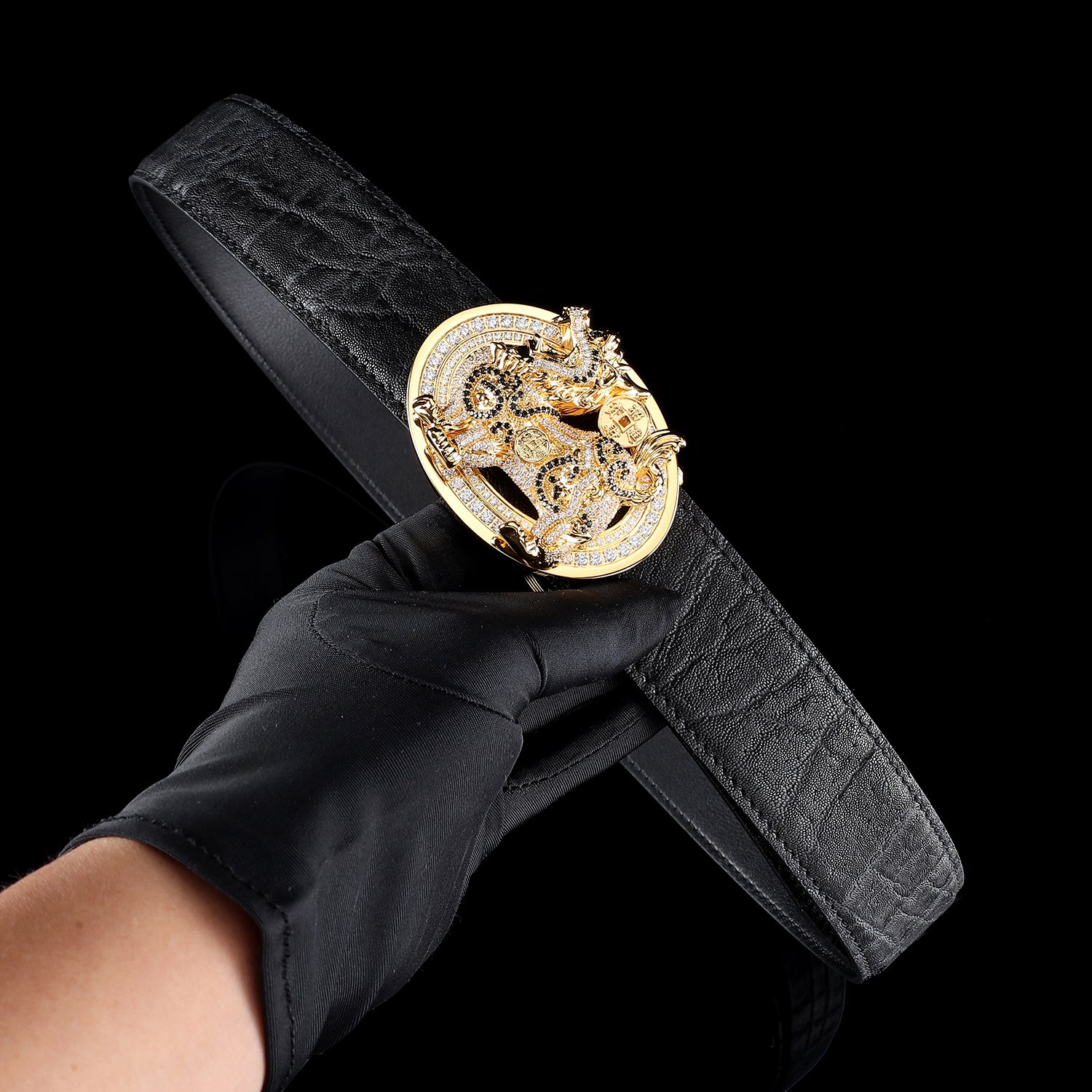 BELTLEY Black elephant belt 1.5 Inches with UNIQUE Gold Plated (Qilin) Buckle