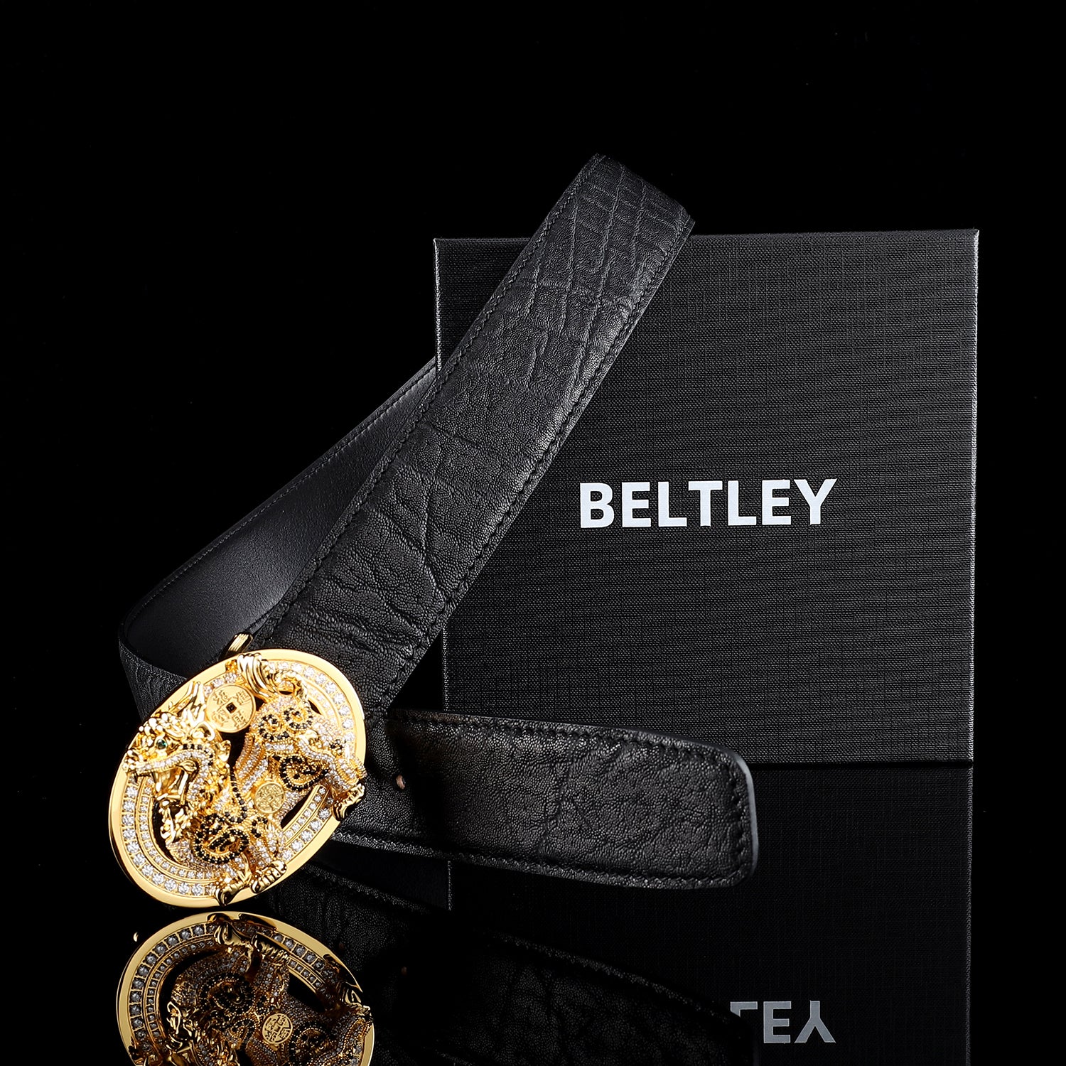 BELTLEY Black elephant belt 1.5 Inches with UNIQUE Gold Plated (Qilin) Buckle