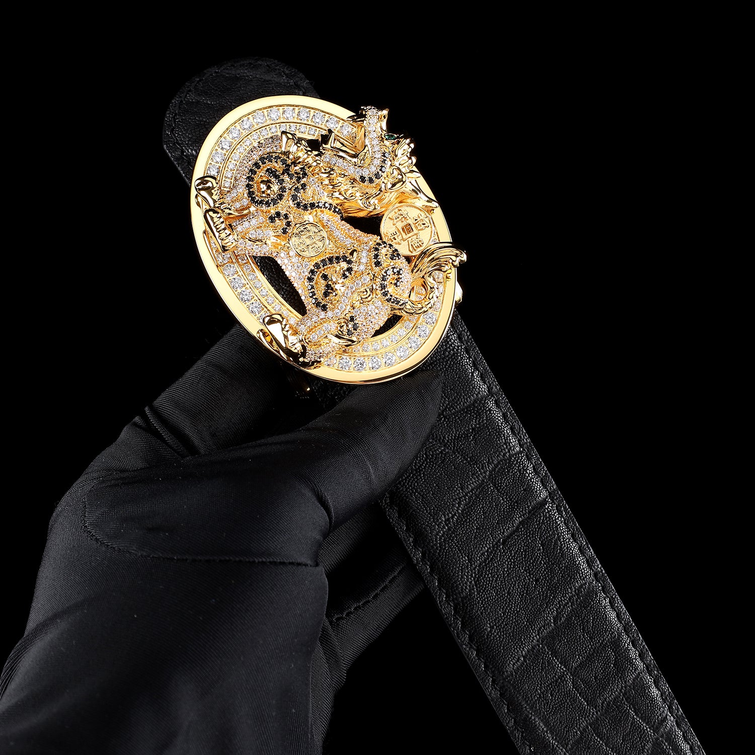 BELTLEY Black elephant belt 1.5 Inches with UNIQUE Gold Plated (Qilin) Buckle