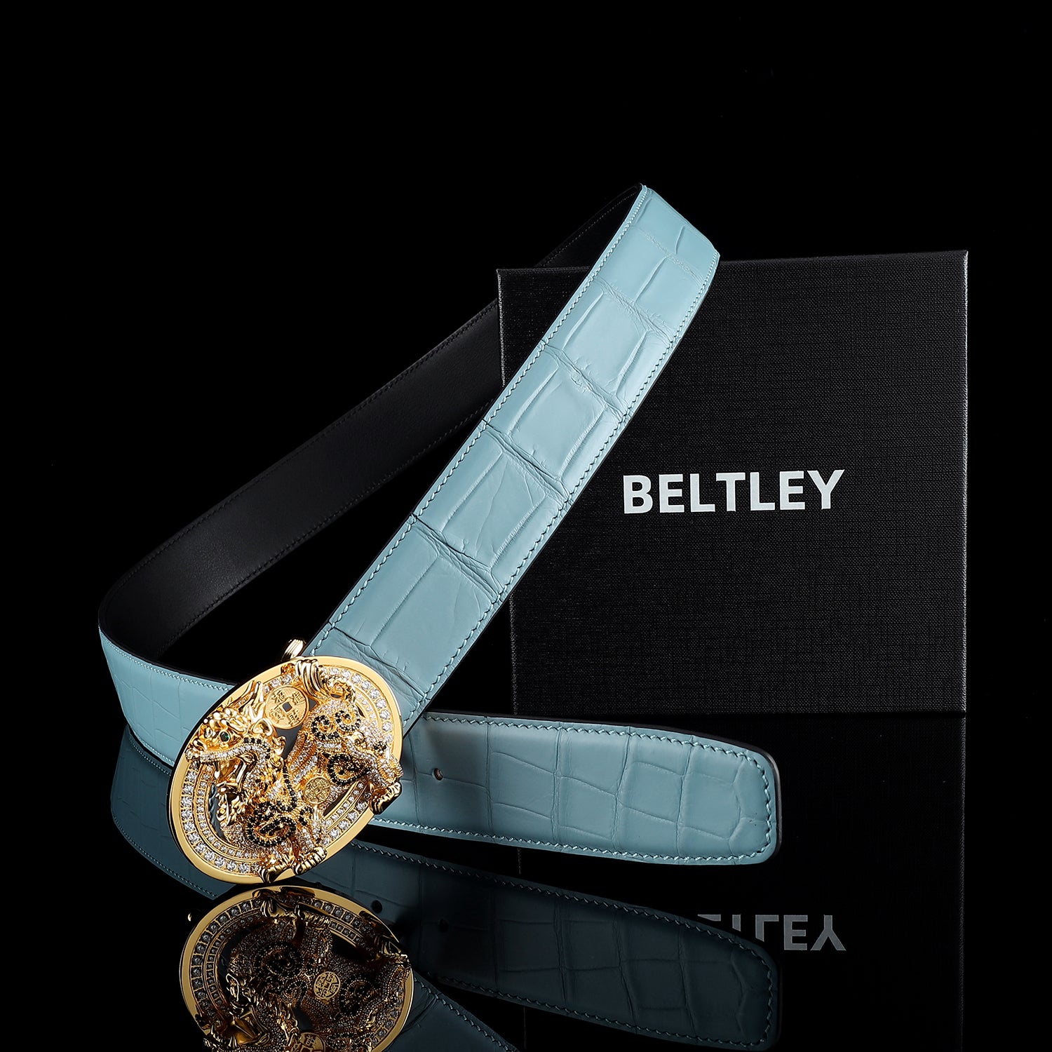 Blue Exotic Crocodile Belt With Gold Qilin Buckle by BELTLEY
