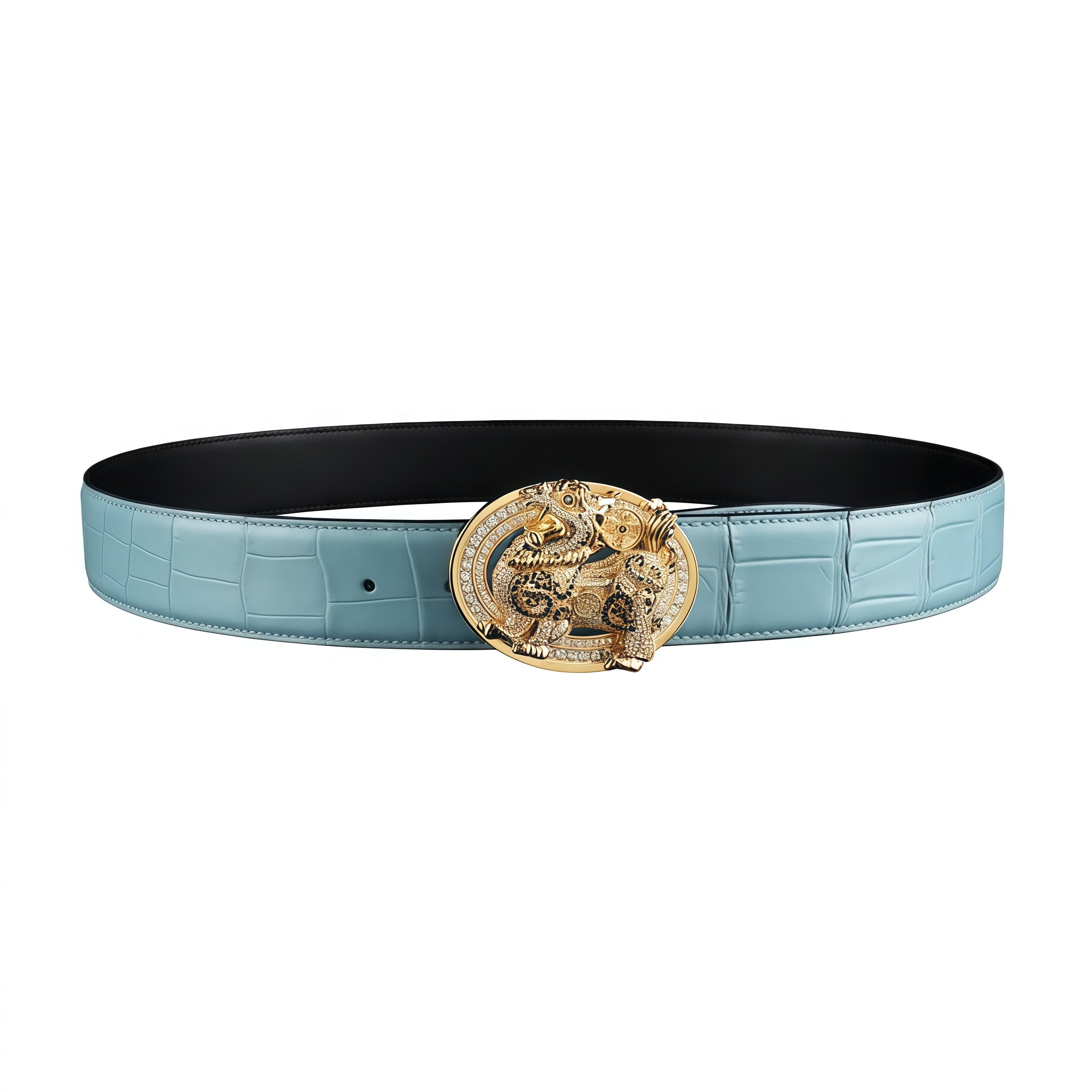Blue Exotic Crocodile Belt With Gold Qilin Buckle by BELTLEY