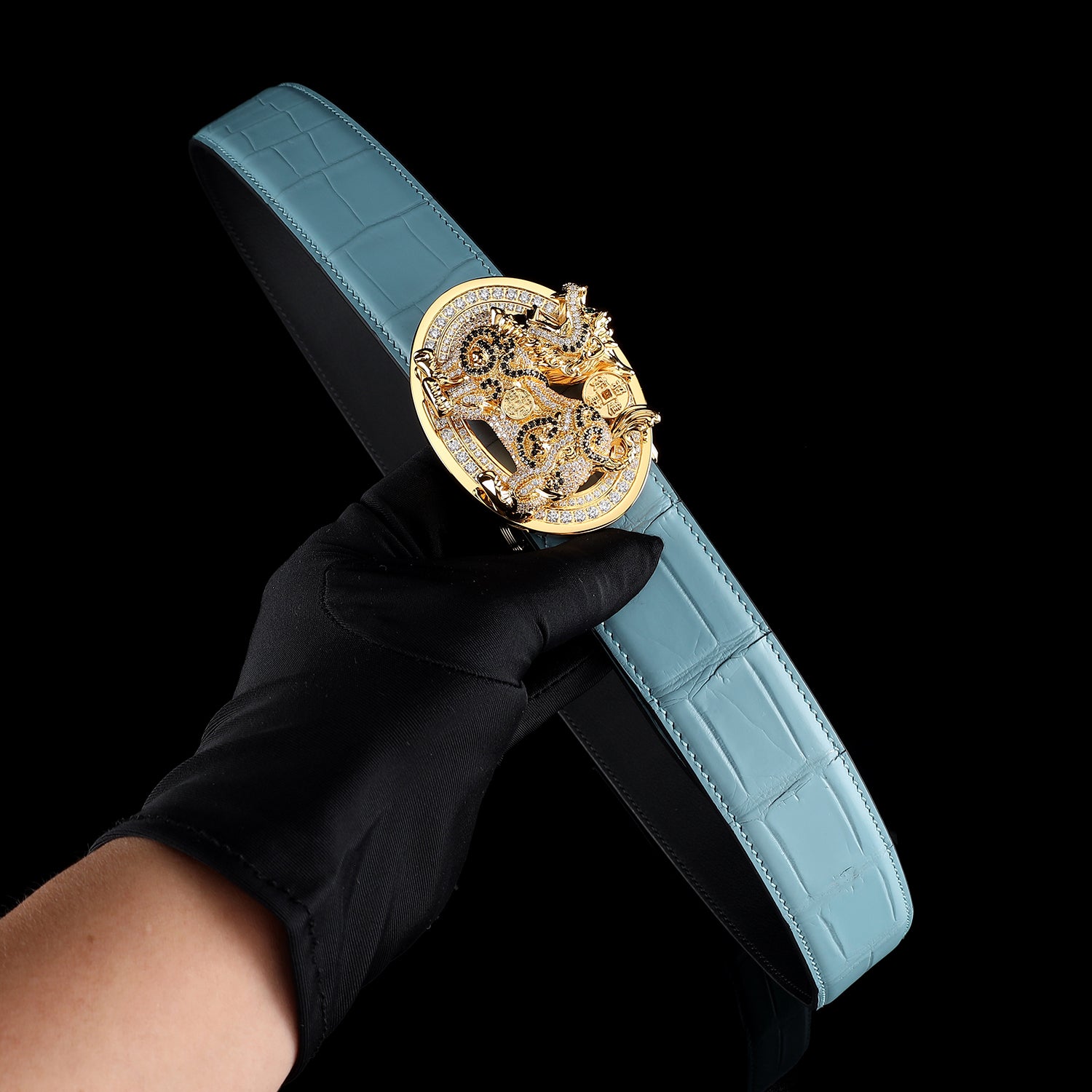 Blue Exotic Crocodile Belt With Gold Qilin Buckle by BELTLEY