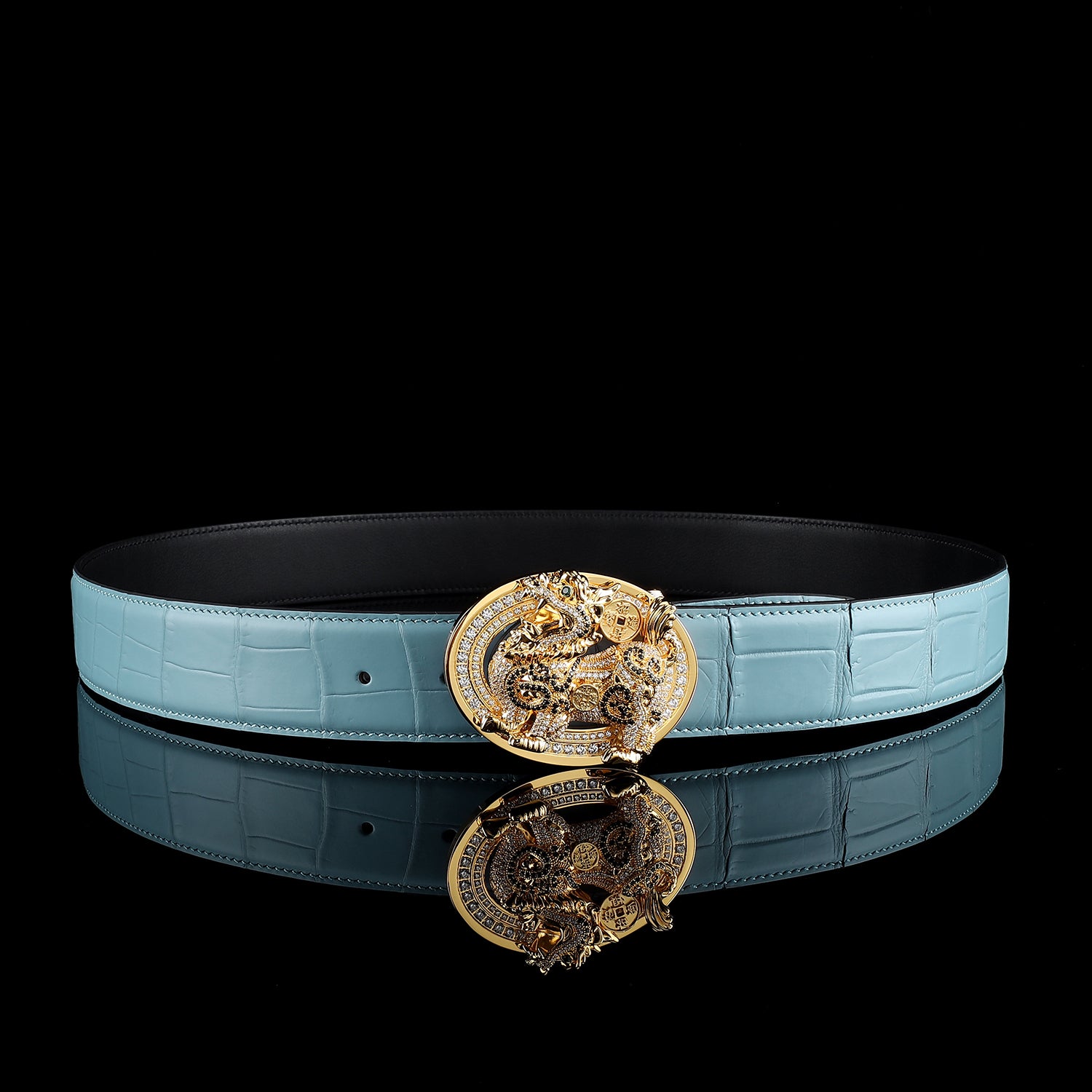 Blue Exotic Crocodile Belt With Gold Qilin Buckle by BELTLEY