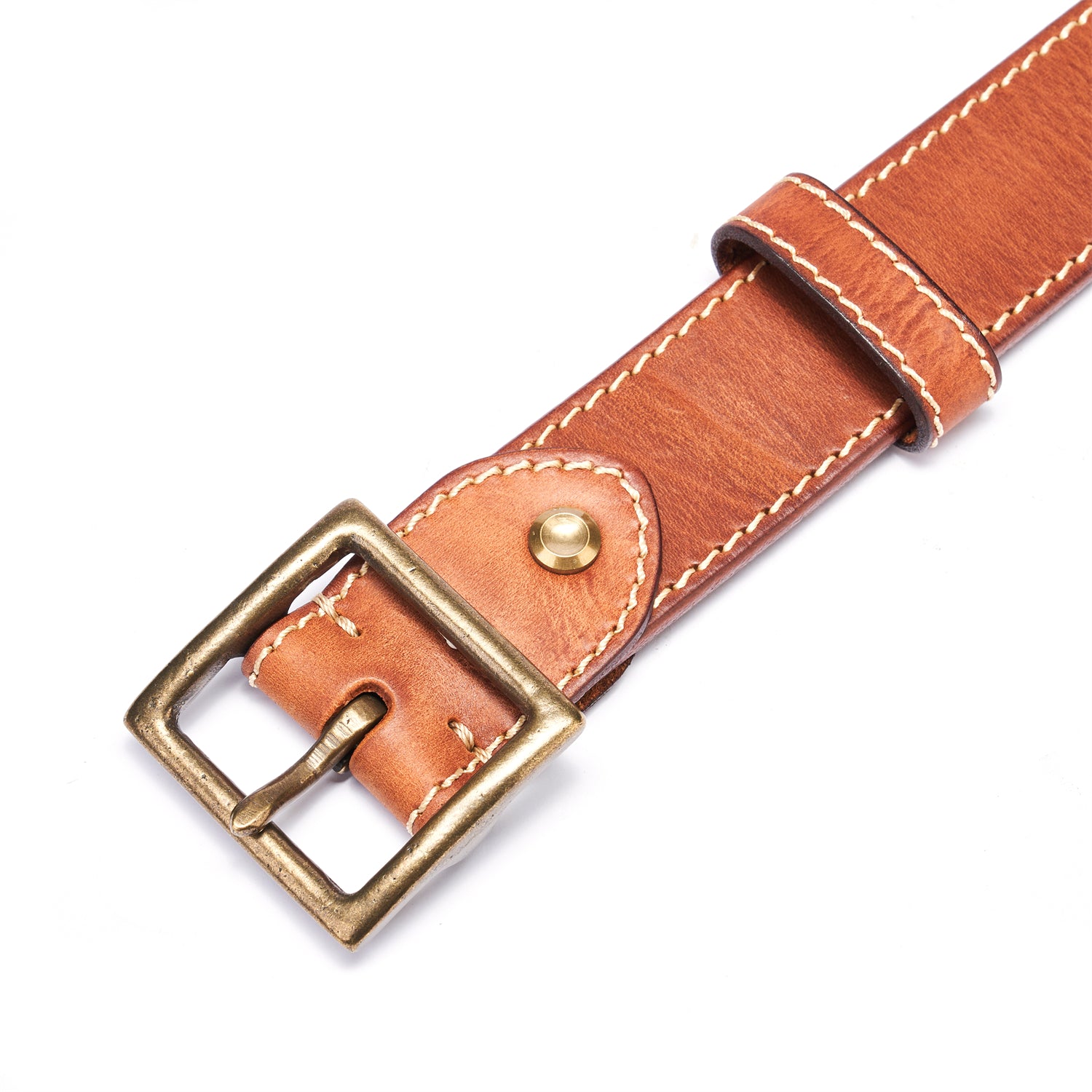 Brown Vintage Brass Buckle Belt – Full-Grain Leather with White Topstitching