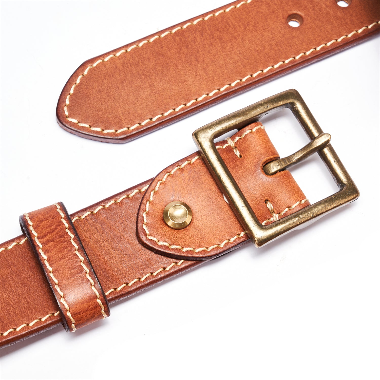 Brown Vintage Brass Buckle Belt – Full-Grain Leather with White Topstitching