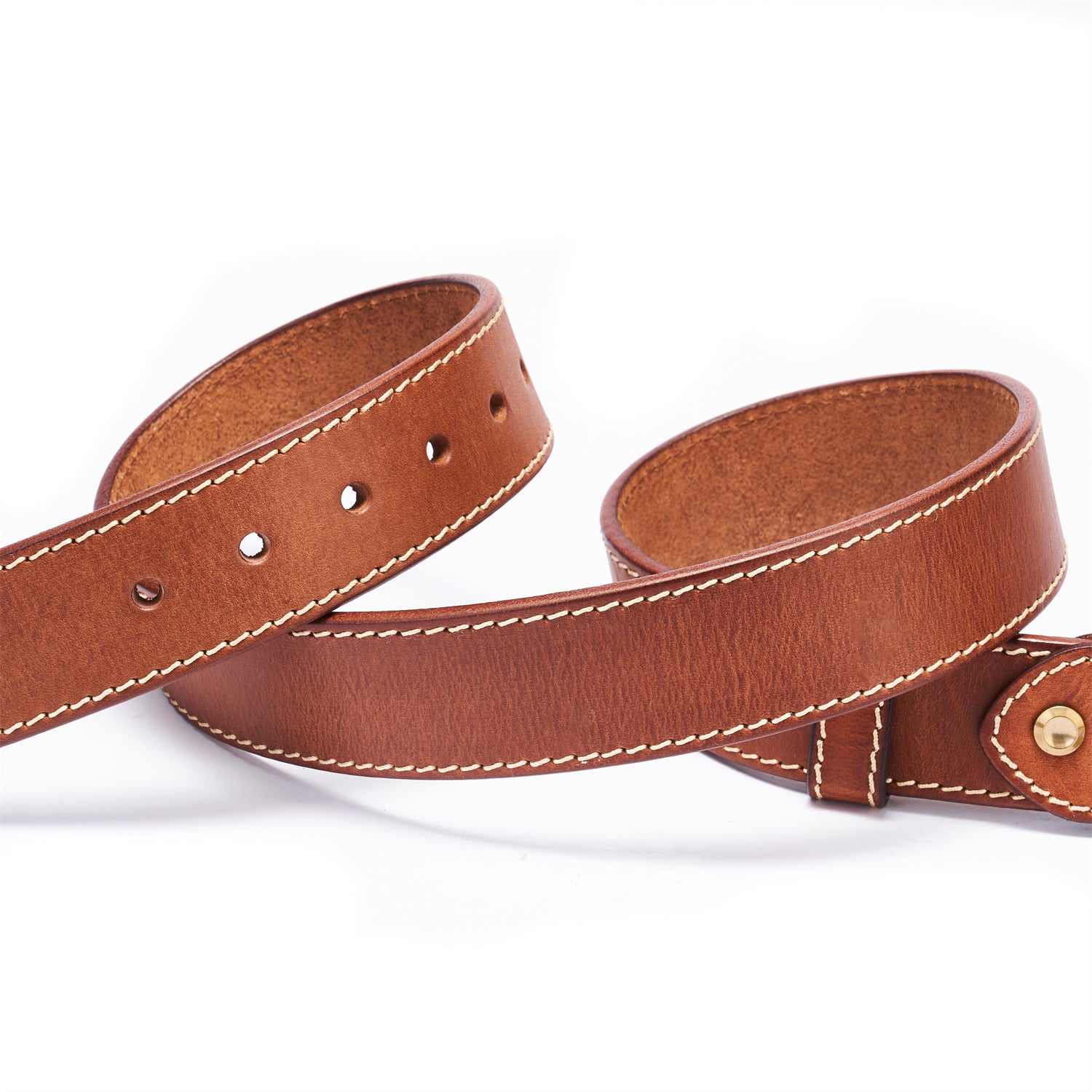 Brown Vintage Brass Buckle Belt – Full-Grain Leather with White Topstitching