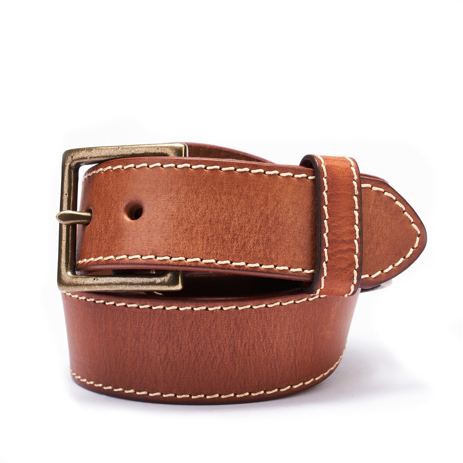 Brown Vintage Brass Buckle Belt – Full-Grain Leather with White Topstitching