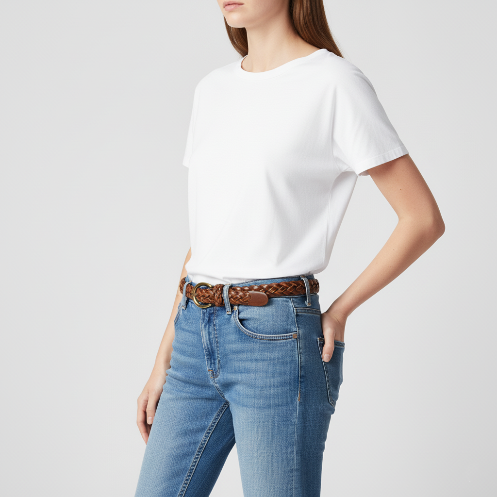 BELTLEY Brown Braided Leather Belt with O-Buckle-1 Inches