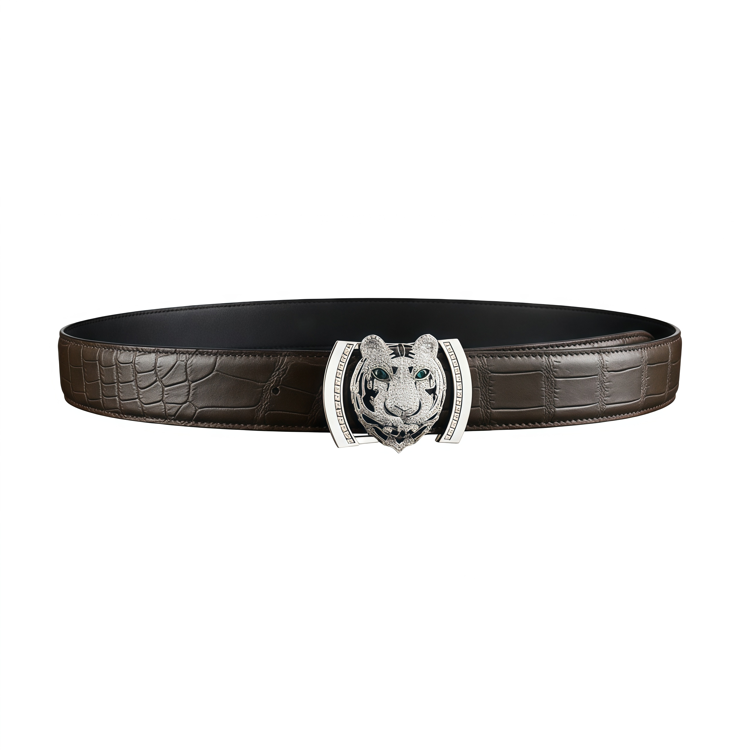 Dark Brown Real Crocodile Leather Belt With Silver Tiger Buckle