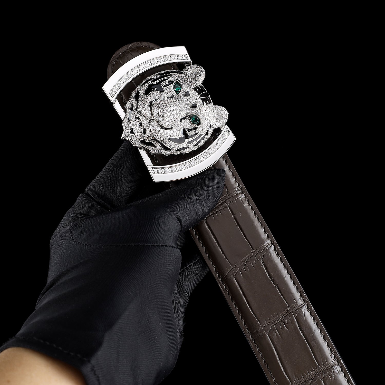 Dark Brown Real Crocodile Leather Belt With Silver Tiger Buckle