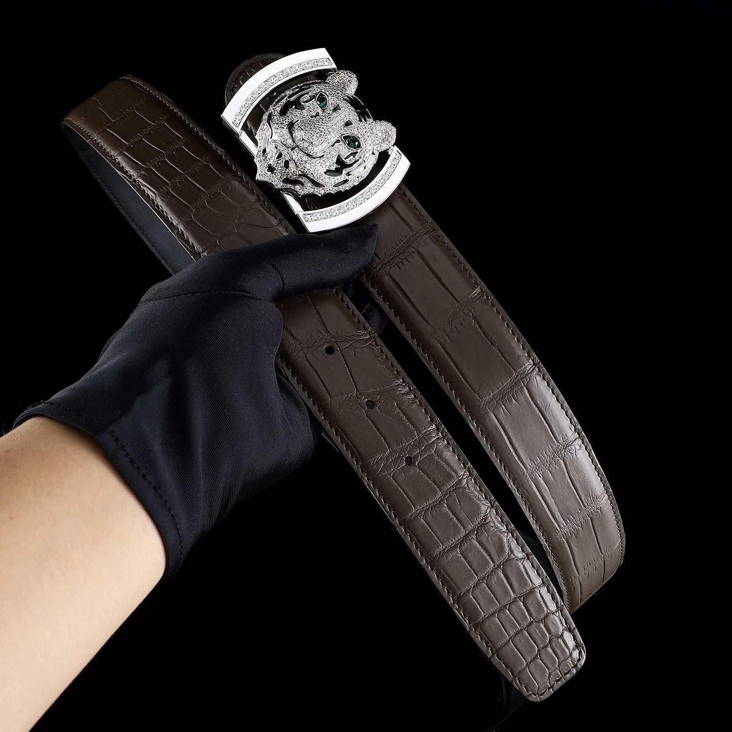 Dark Brown Real Crocodile Leather Belt With Silver Tiger Buckle