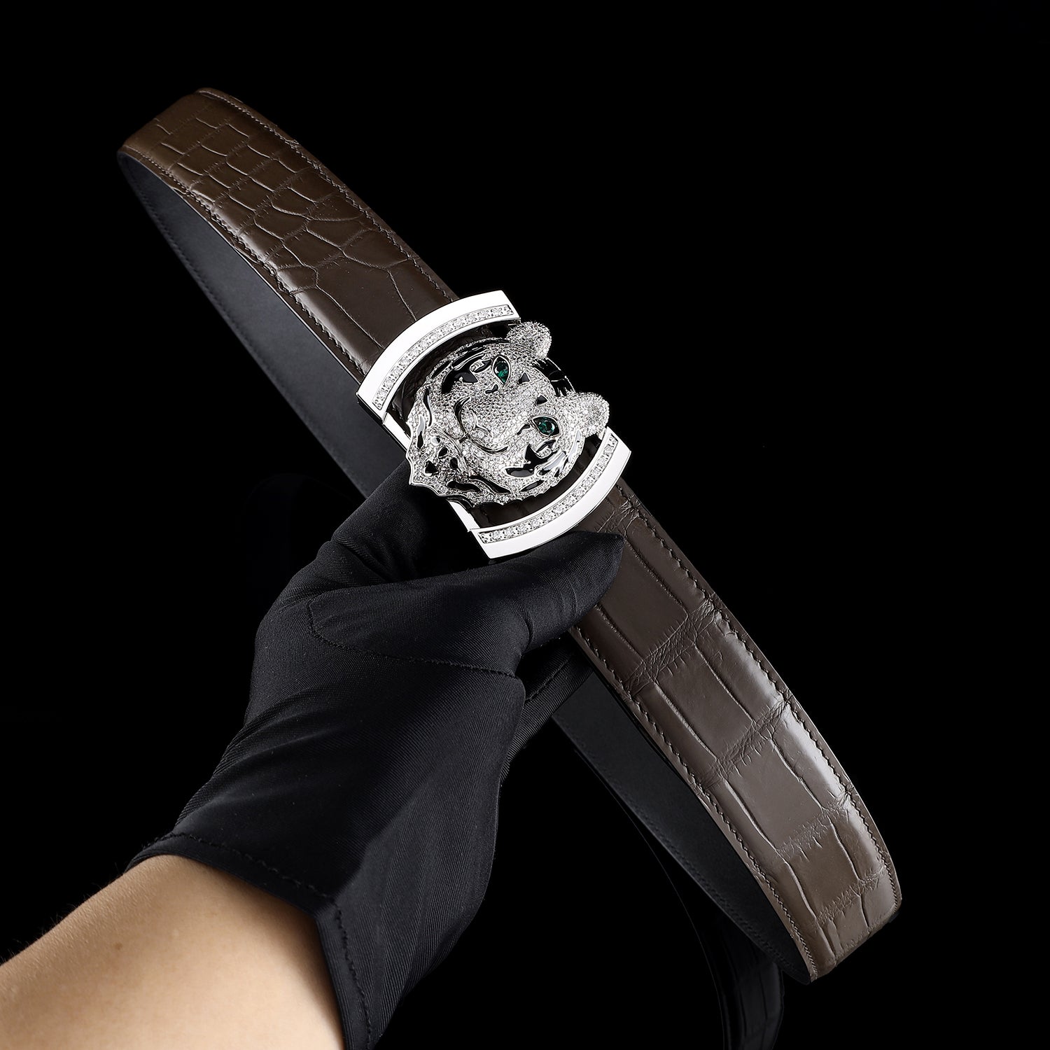 Dark Brown Real Crocodile Leather Belt With Silver Tiger Buckle