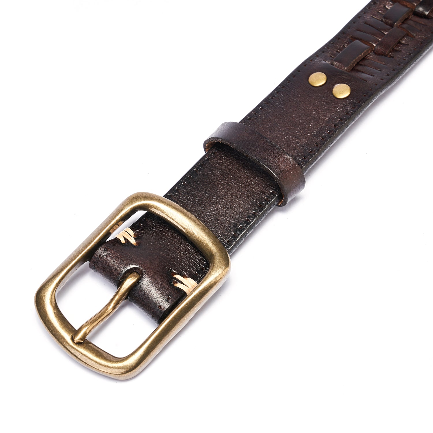 BELTLEY Dark Brown Braided Leather Belt For Men – 1.5 Inches