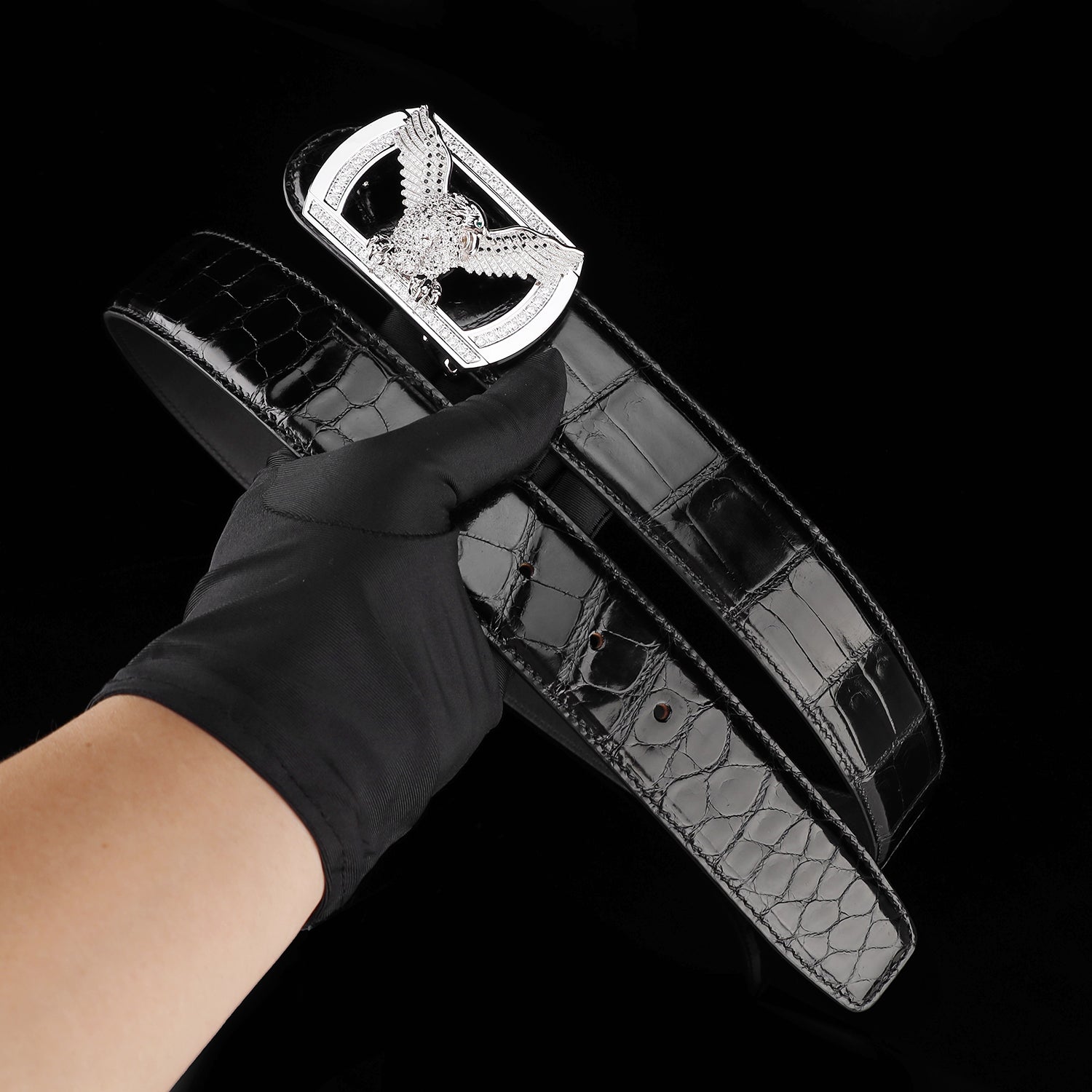 ELTLEY Black Glossy Nile Crocodile Leather Belt with Silver Eagle Buckle