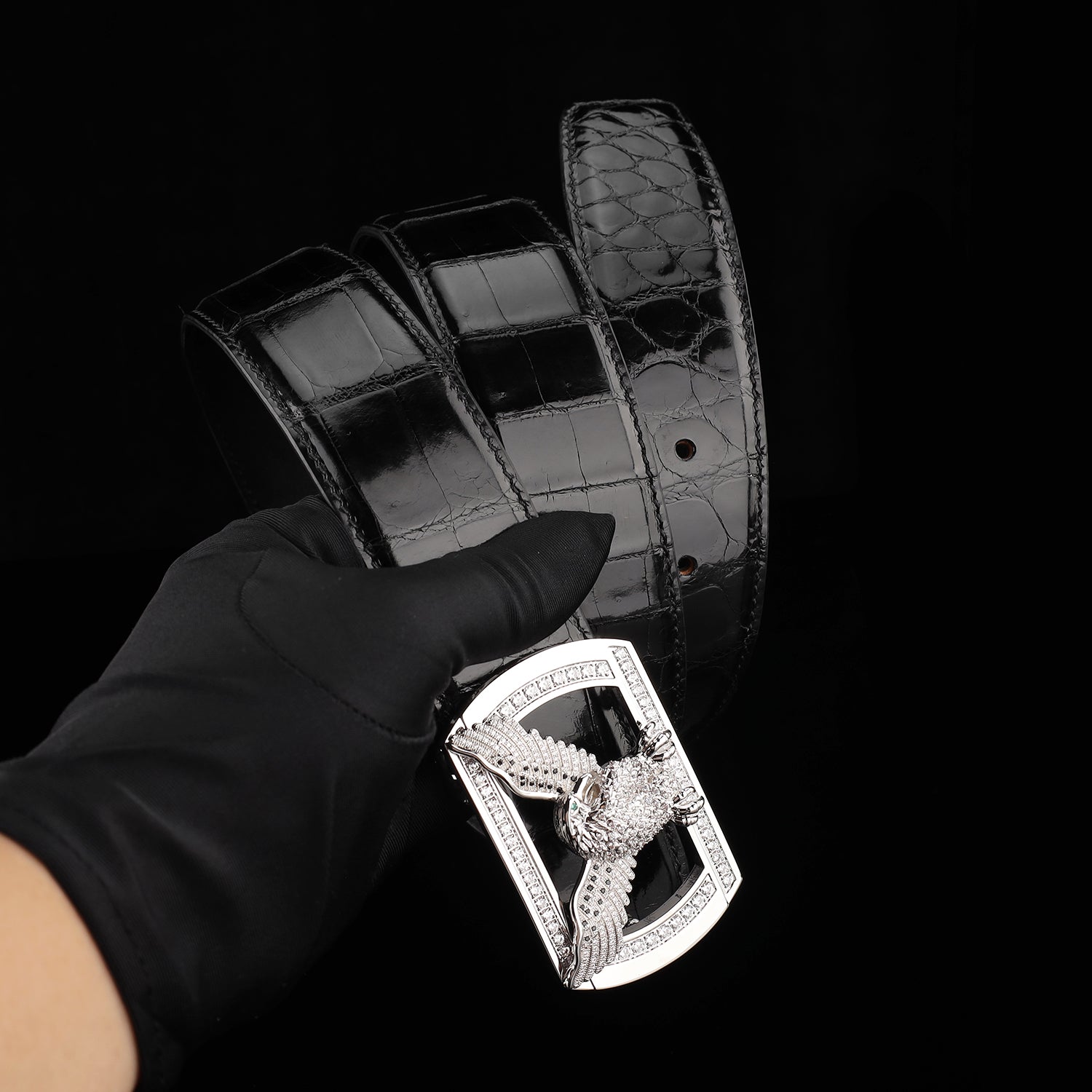 ELTLEY Black Glossy Nile Crocodile Leather Belt with Silver Eagle Buckle