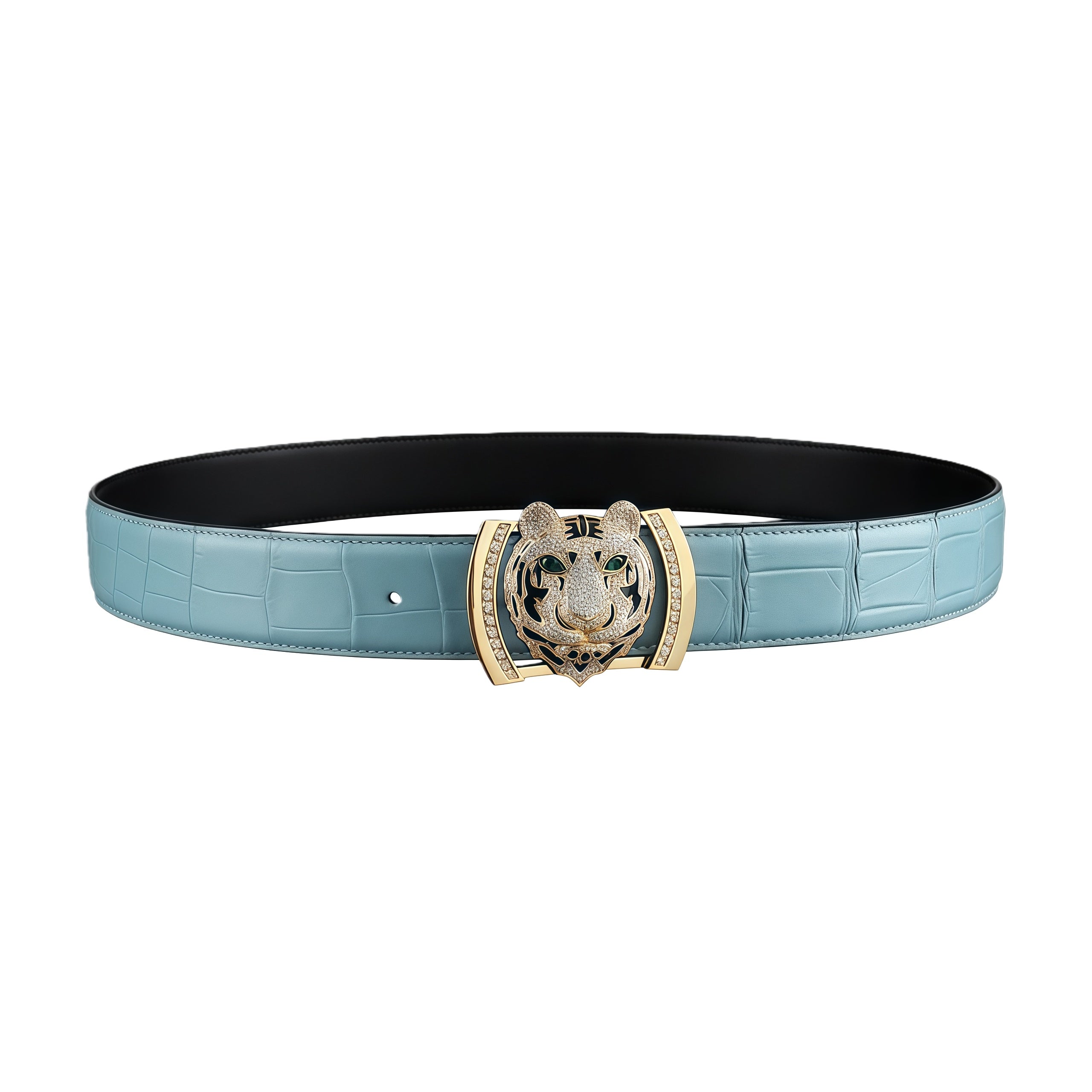 BELTLEY Original Blue Crocodile Leather Belt with Gold Tiger Buckle