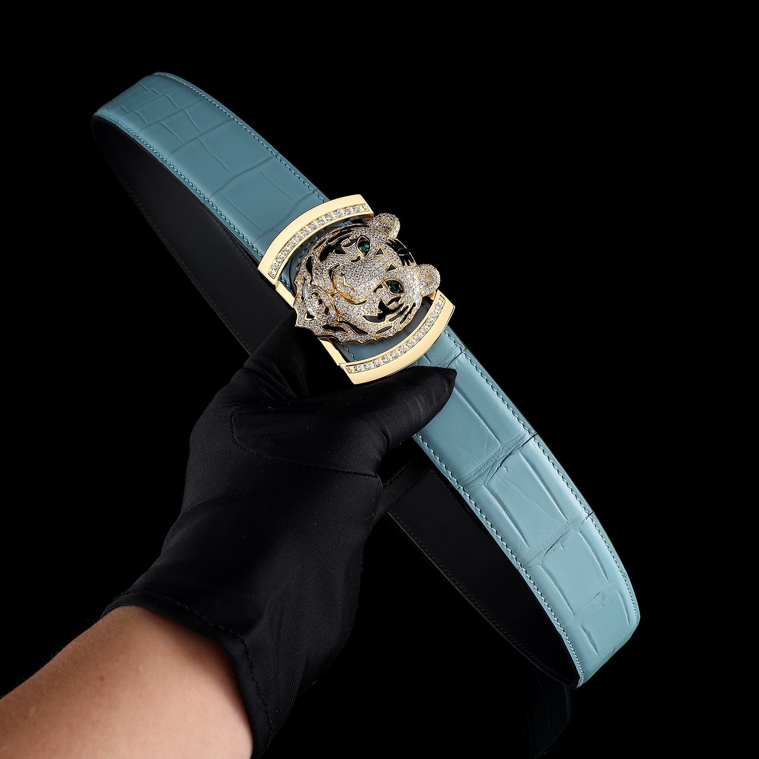 BELTLEY Original Blue Crocodile Leather Belt with Gold Tiger Buckle