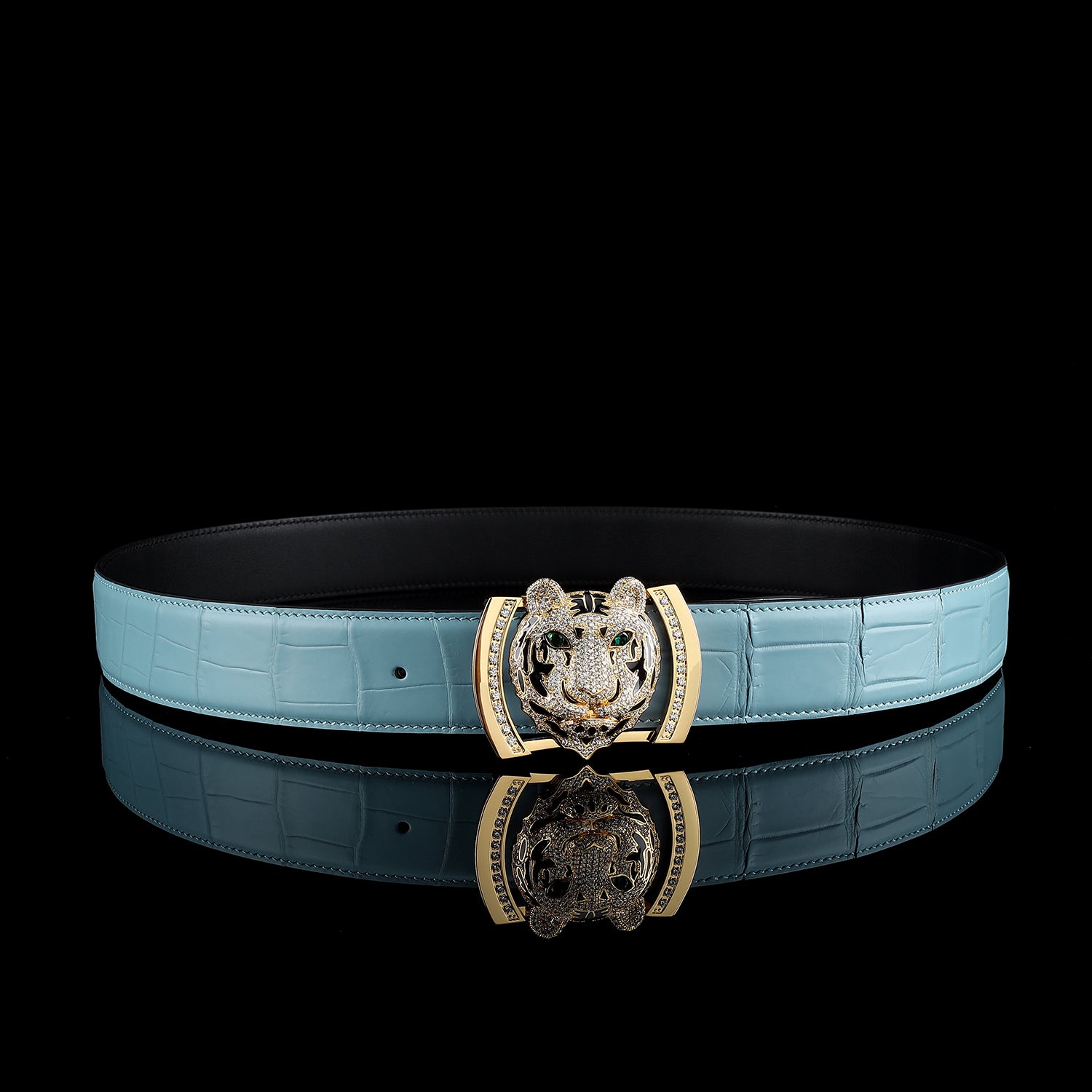 BELTLEY Original Blue Crocodile Leather Belt with Gold Tiger Buckle