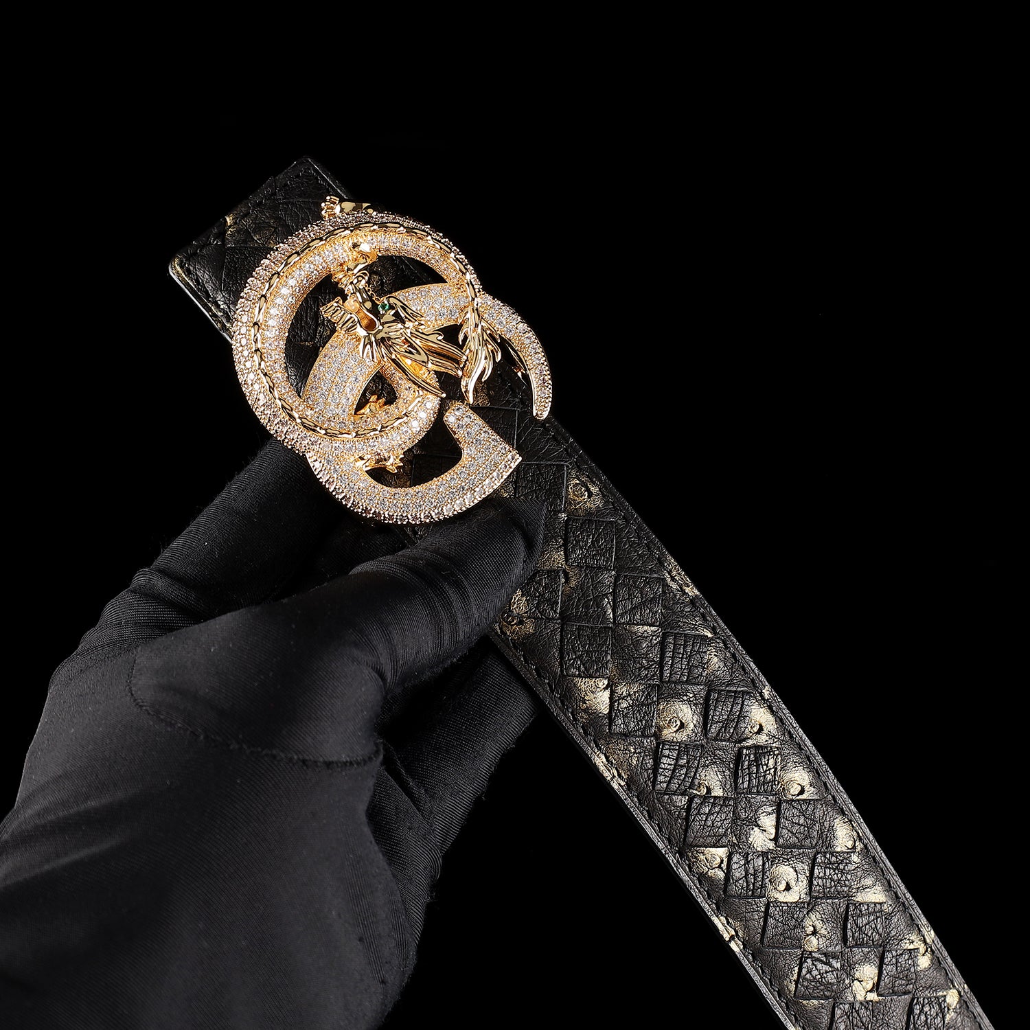 Handwoven Ostrich Leather Belt – 3D Dragon “G” Rhinestone Buckle — packaging | BELTLEY