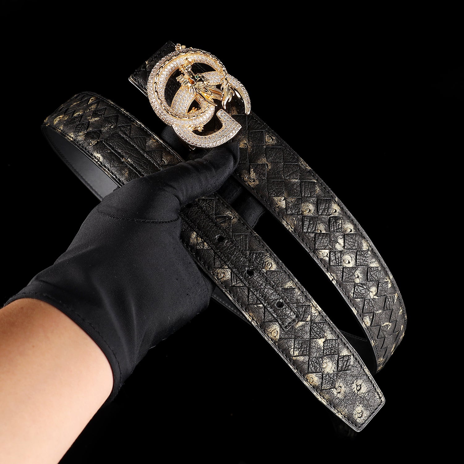 Handwoven Ostrich Leather Belt – 3D Dragon “G” Rhinestone Buckle — additional view 15 | BELTLEY