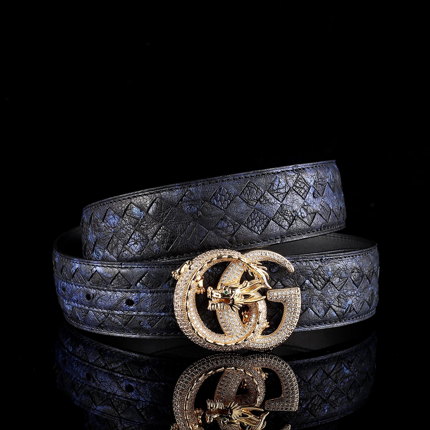 Handwoven Ostrich Leather Belt – 3D Dragon “G” Rhinestone Buckle