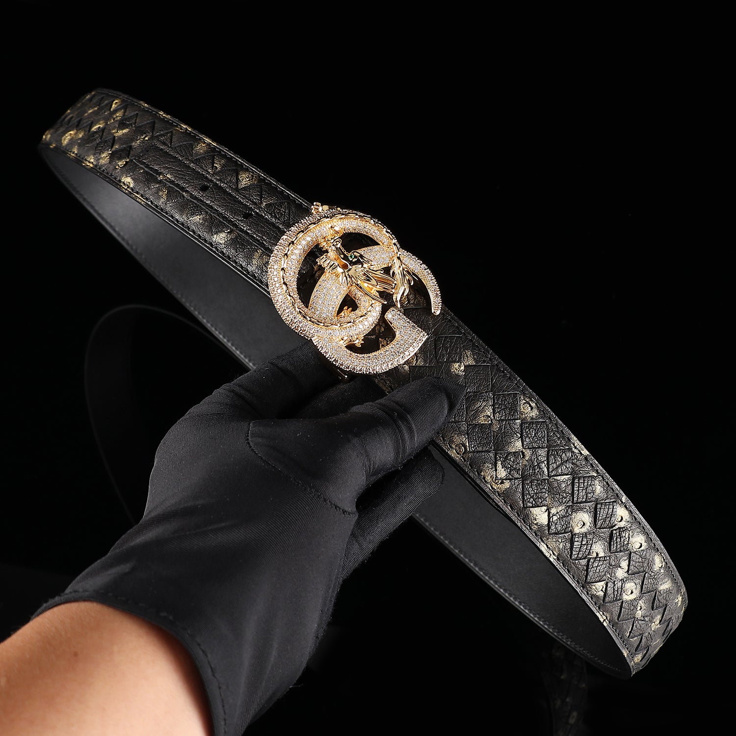 Handwoven Ostrich Leather Belt – 3D Dragon “G” Rhinestone Buckle — additional view 12 | BELTLEY