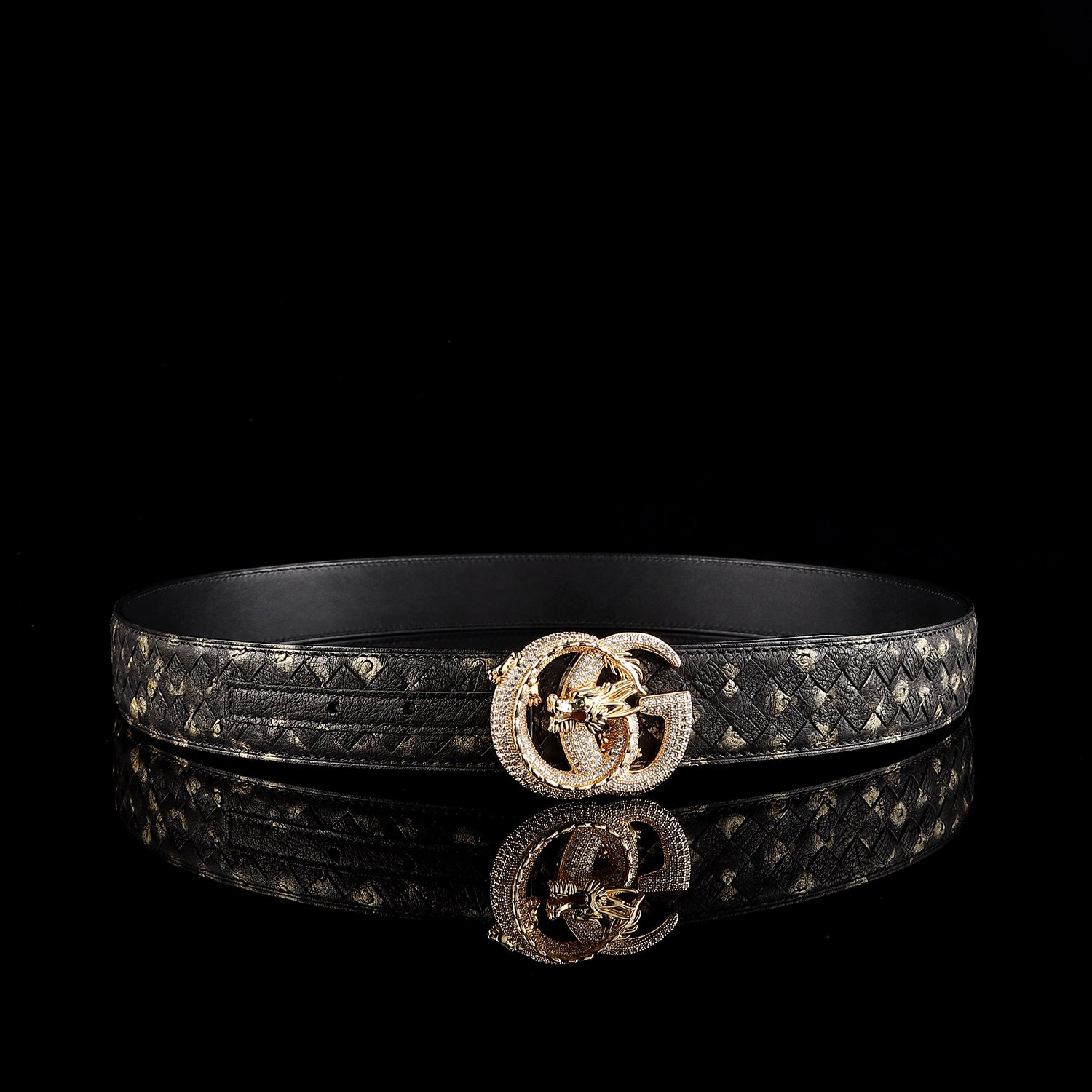 Handwoven Ostrich Leather Belt – 3D Dragon “G” Rhinestone Buckle — edge detail | BELTLEY