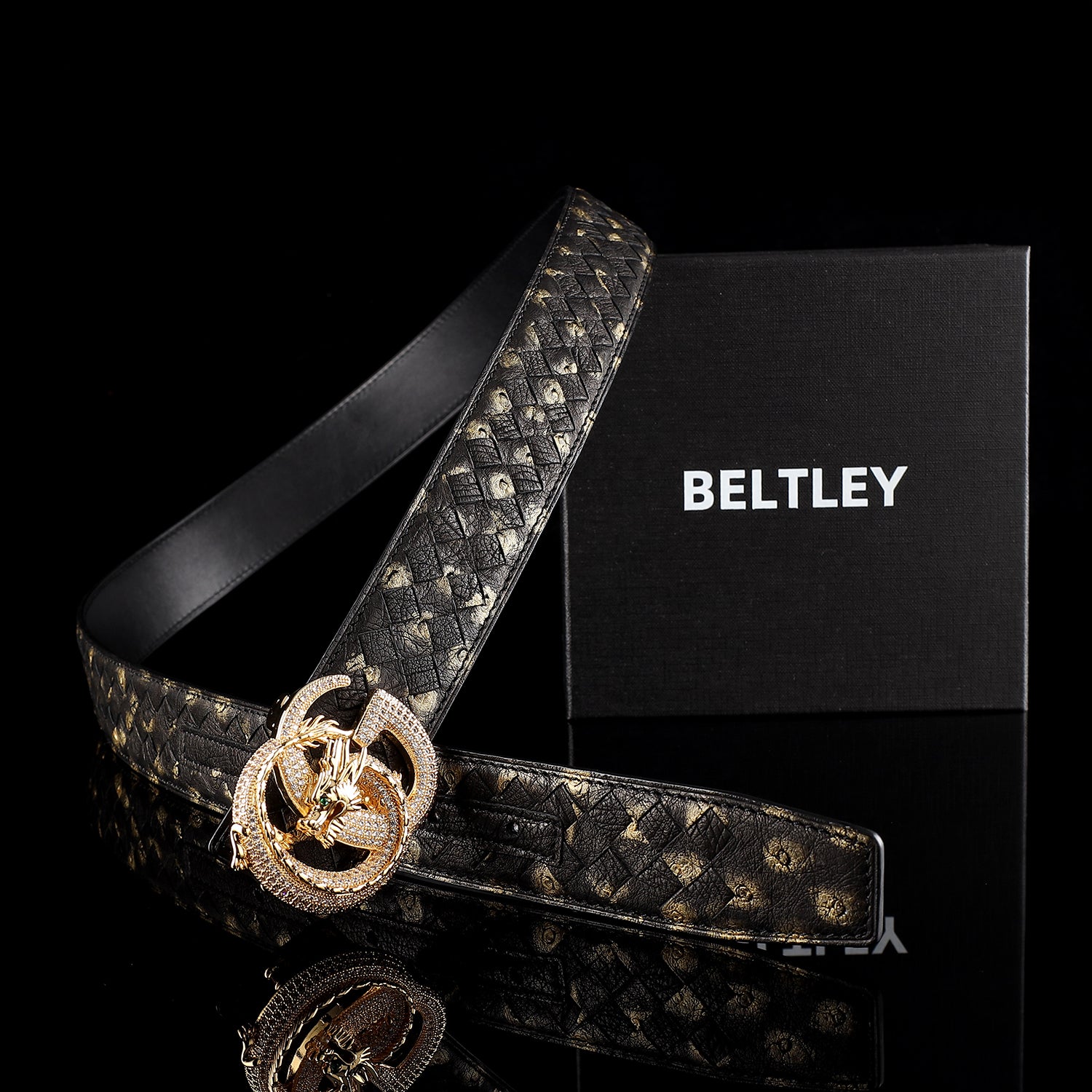 Handwoven Ostrich Leather Belt – 3D Dragon “G” Rhinestone Buckle — additional view 14 | BELTLEY