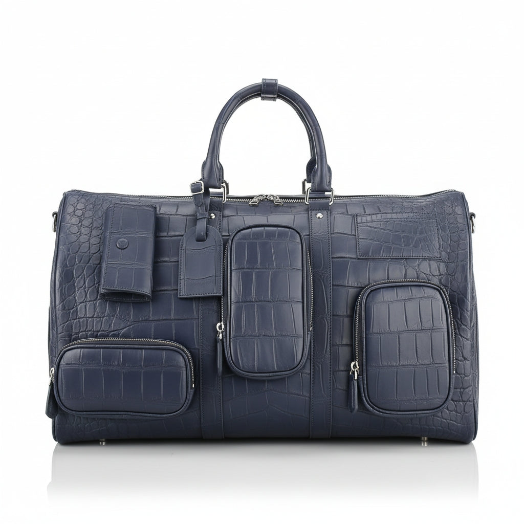 The BELTLEY Navigator: Matte Navy Blue Nile Crocodile Duffle Bag