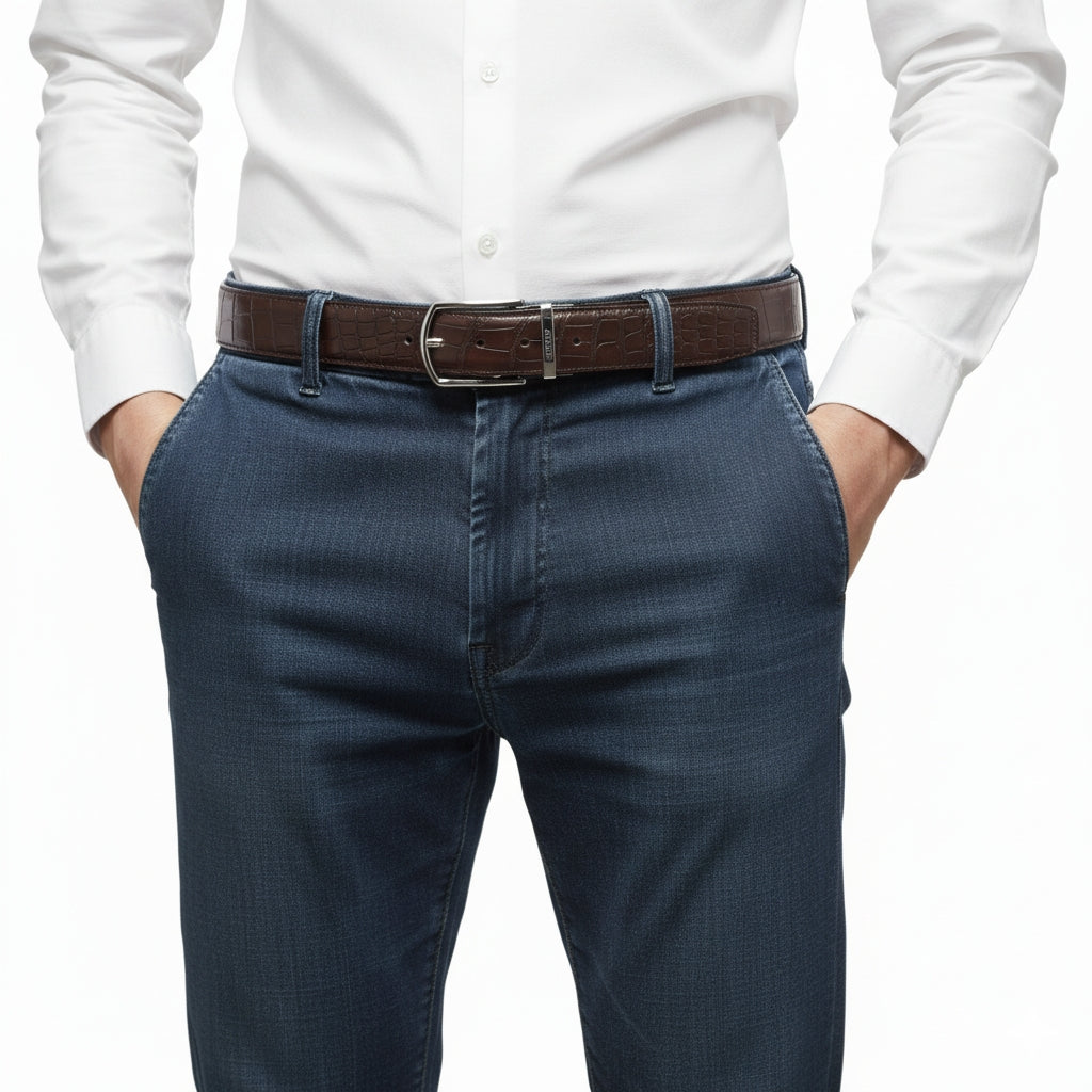 BELTLEY Men's Matte Espresso Brown Crocodile Dress Belt