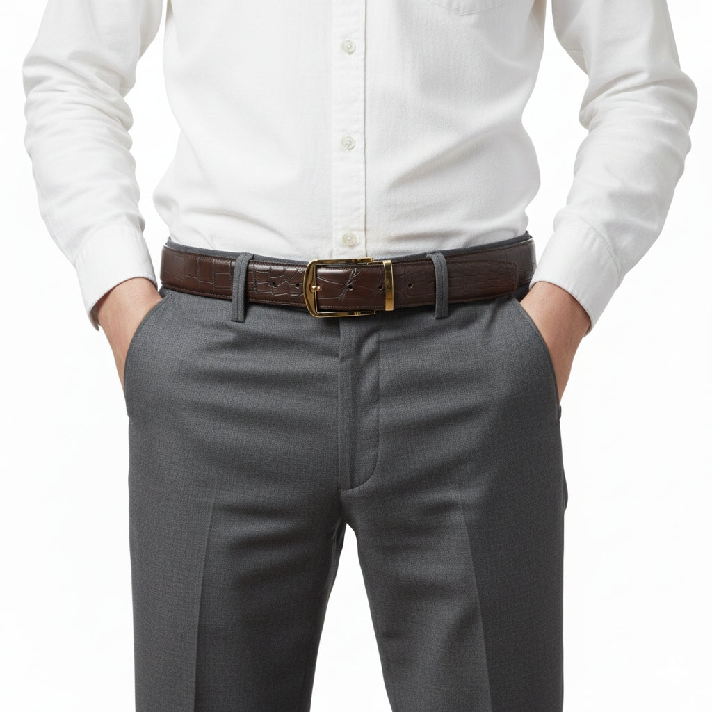 BELTLEY Men's Matte Espresso Brown Crocodile Dress Belt