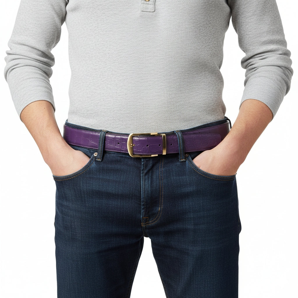 BELTLEY Men's Matte Royal Purple Genuine Nile Crocodile Belt