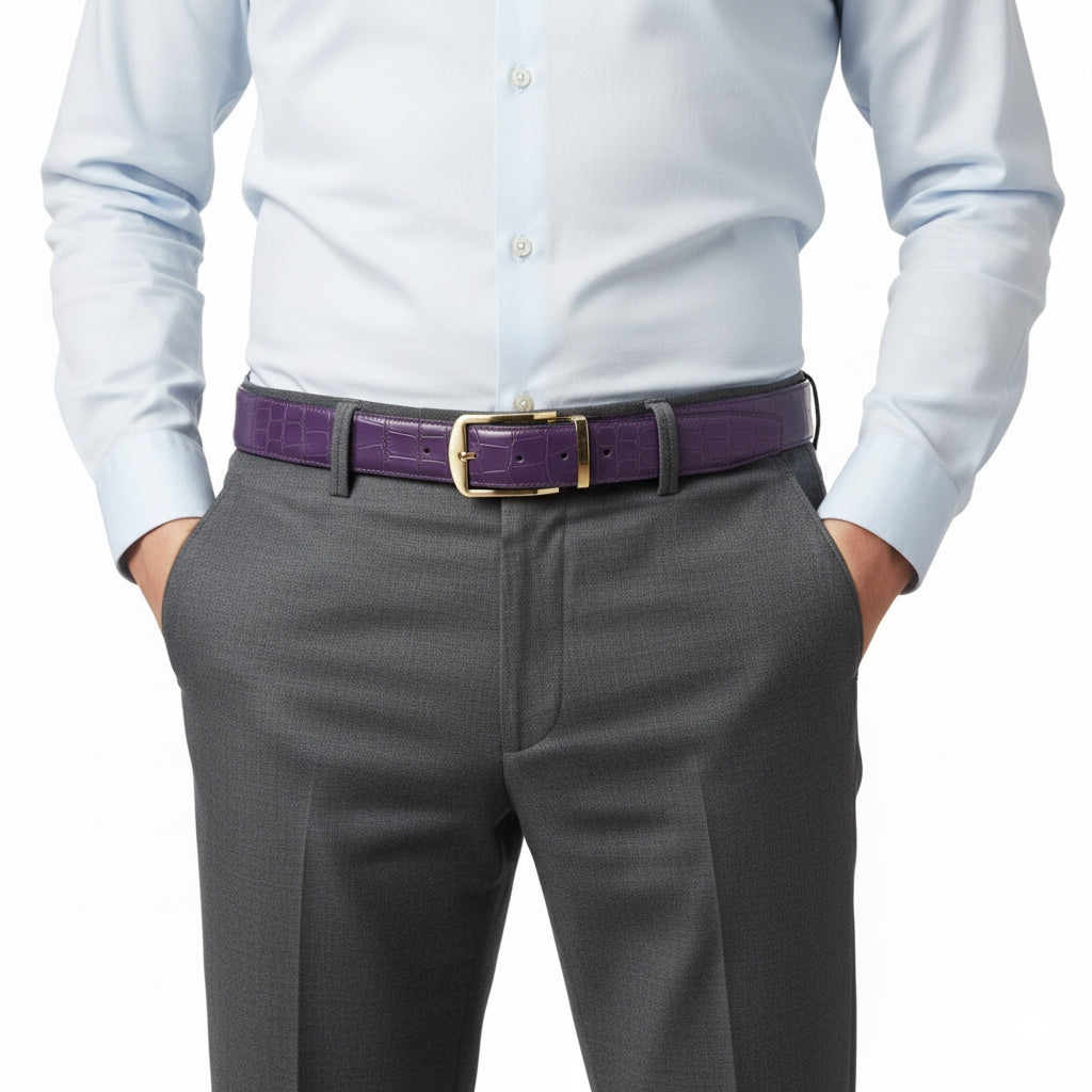 BELTLEY Men's Matte Royal Purple Genuine Nile Crocodile Belt