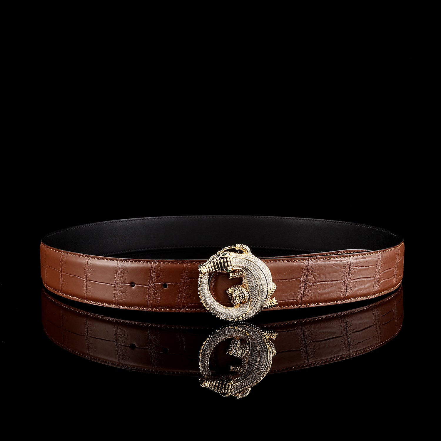 Men's Crocodile Leather Belt with 3D Gold Crocodile Buckle