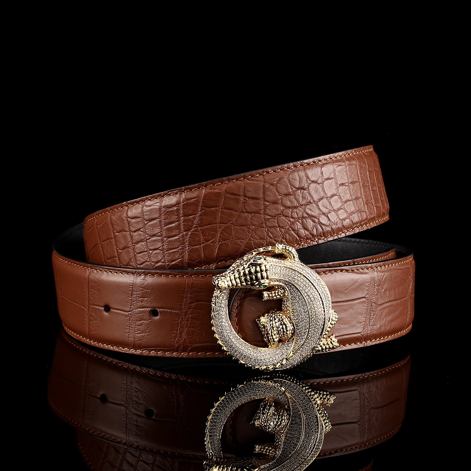 Men's Crocodile Leather Belt with 3D Gold Crocodile Buckle — lay-flat view | BELTLEY