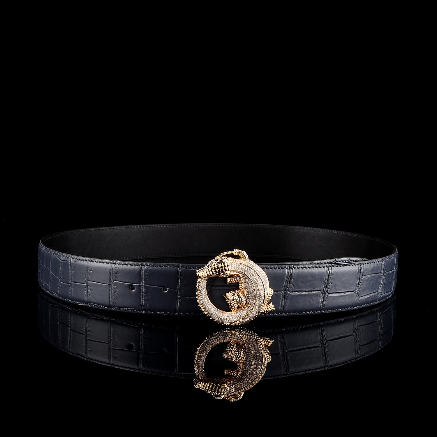 Men's Crocodile Leather Belt with 3D Gold Crocodile Buckle — side detail | BELTLEY