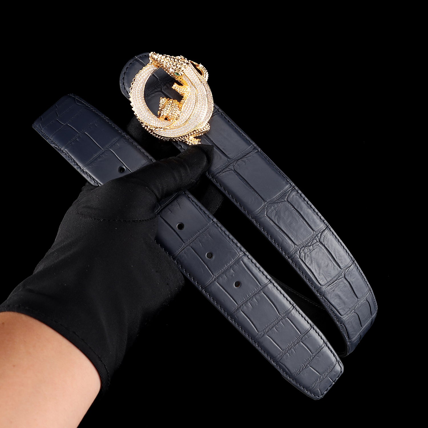 Men's Crocodile Leather Belt with 3D Gold Crocodile Buckle — additional view 11 | BELTLEY