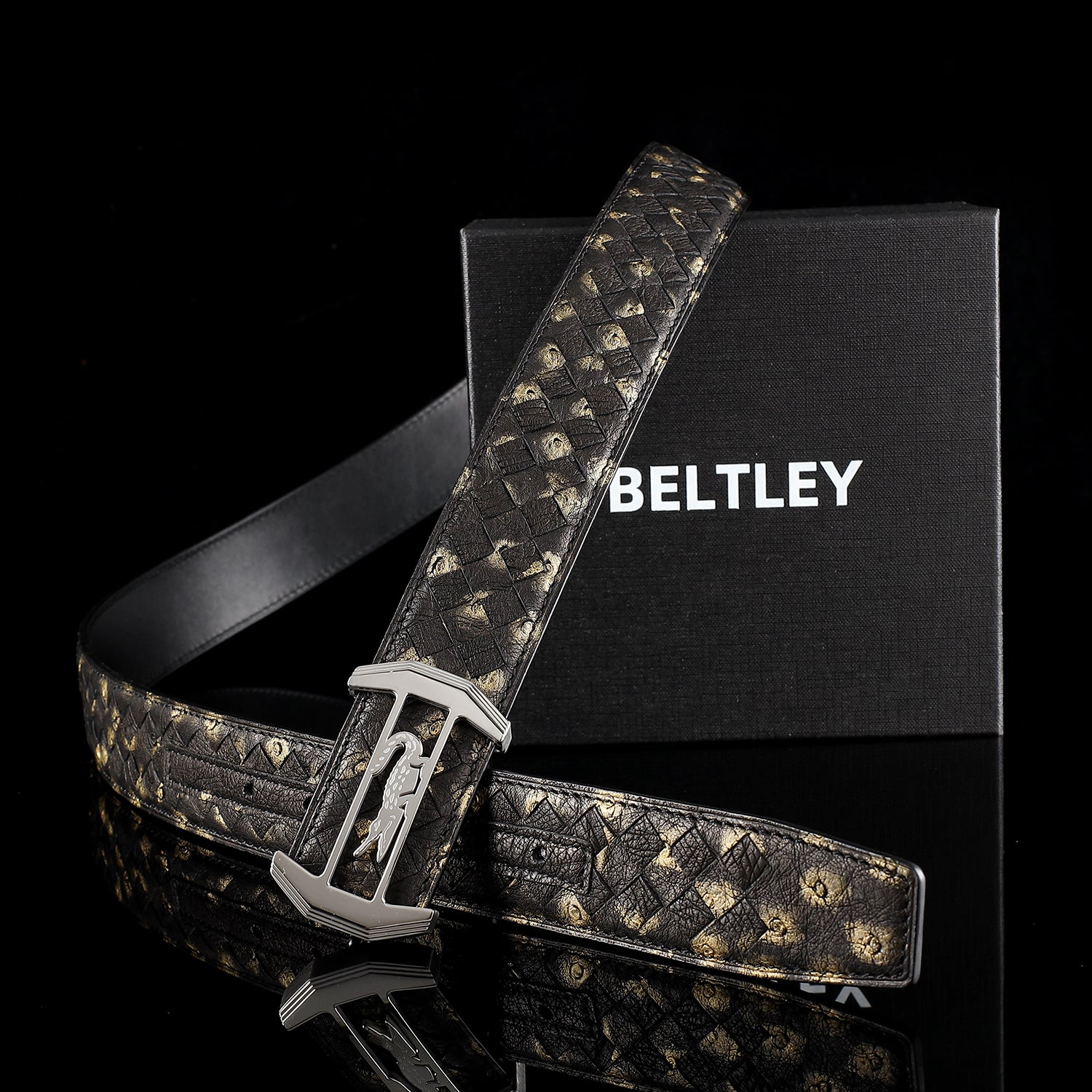 Men’s Handwoven Ostrich Leather Belt By BELTLEY — lifestyle shot | BELTLEY