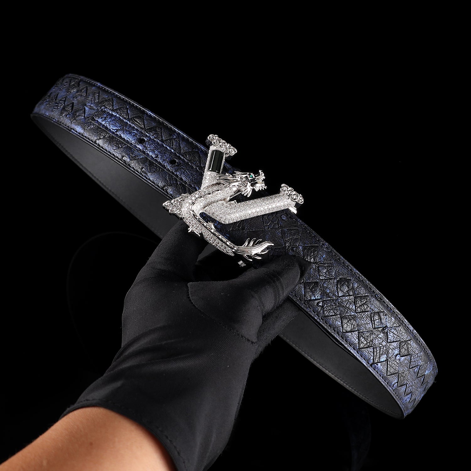 Men’s Handwoven Ostrich Leather Belt – 3D Dragon Rhinestone Buckle, 1.5" — additional view 13 | BELTLEY